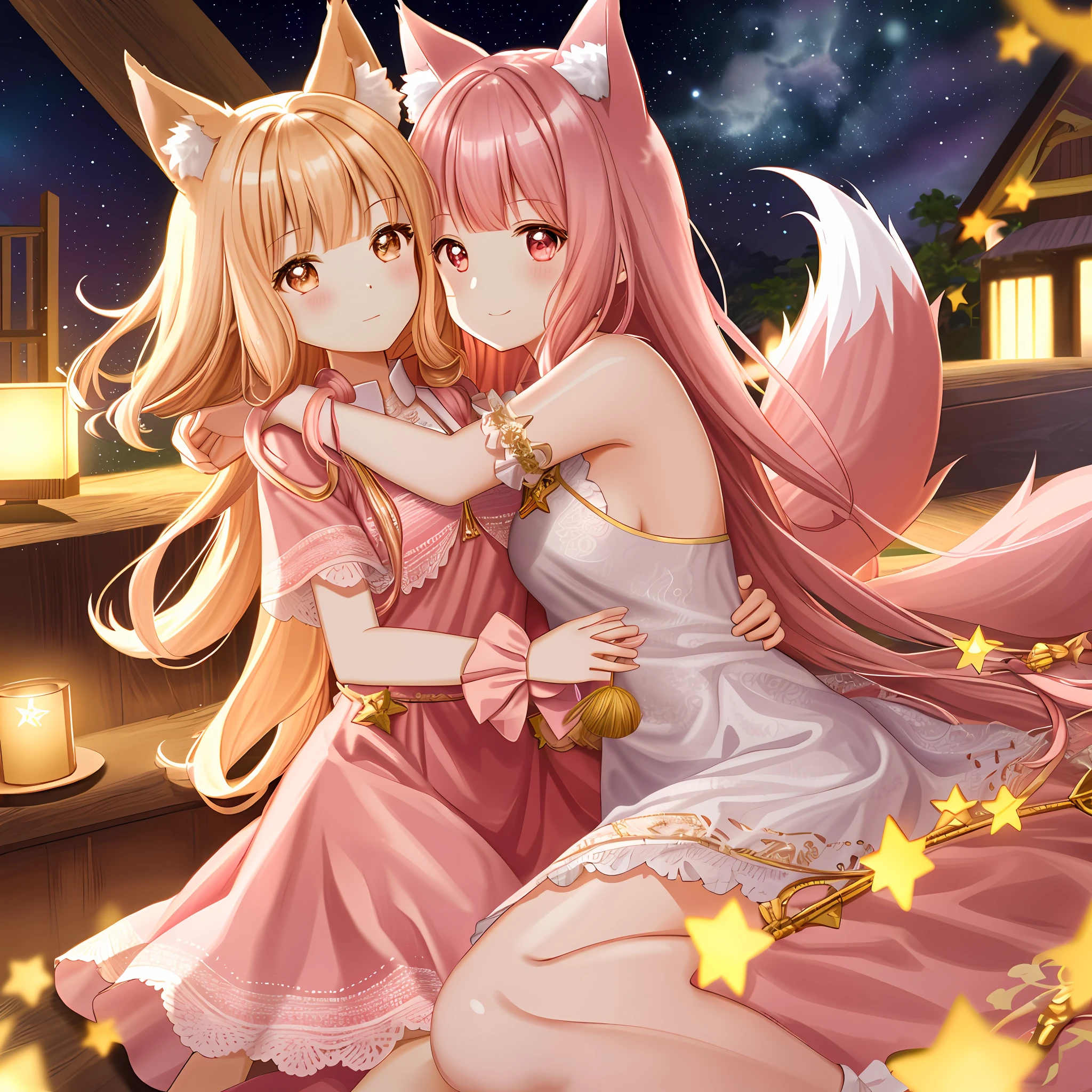 2girls, pink hair, lace dress, lotus tassel, hugging star pillow, golden hour, alluring face, fox ears, cute, fluffy, daylight, perfect hands