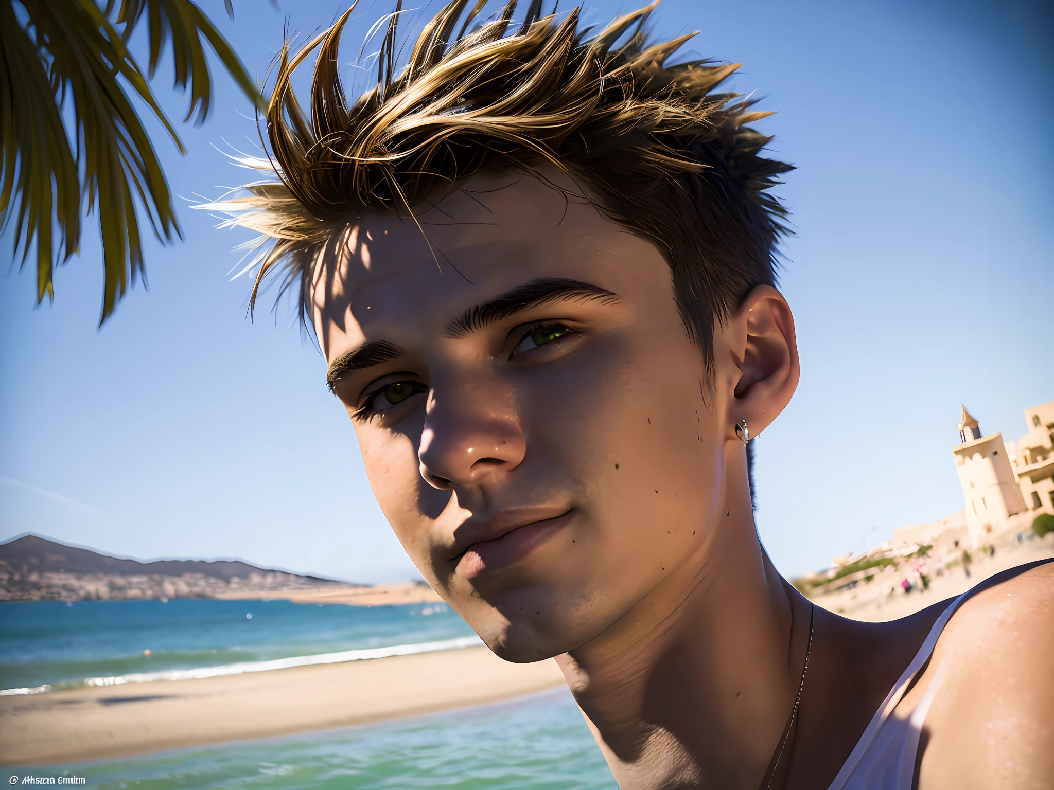 style photography, ( masterpiece, photorealistic, raw: 1.4 young guy 17 years old in shorts of the 90s in the city of Torrevieja) focus in the center, he has a smile, (the magic of ligating in ambient: 1.2), the highest quality, (very detailed background: 1.4), (photorealistic, raw, extremely complex: 1.4), giving the scene a dark atmosphere, but sculpting shapes with sharp chiaroscuro, This is the morning time, (very detailed skin),  skin texture, (detailed face), bare chest, (very detailed eyes: 1.2) (very detailed face: 1.2) (very detailed iris and pupils: 1.2) round pupils, sunny day, detailed background, sharp focus, twilight lighting, volumetric lighting, highly detailed, intricate details, 8k, high detail, UHD, HDR, cinematic action scene, smooth hair, amazing perspective, looking ahead, perfect framing, professional  photo, young face, hyper-realistic anatomy, slim male body young, ultra-realistic skin, blond brown hair, strong, fierce, bright lights,