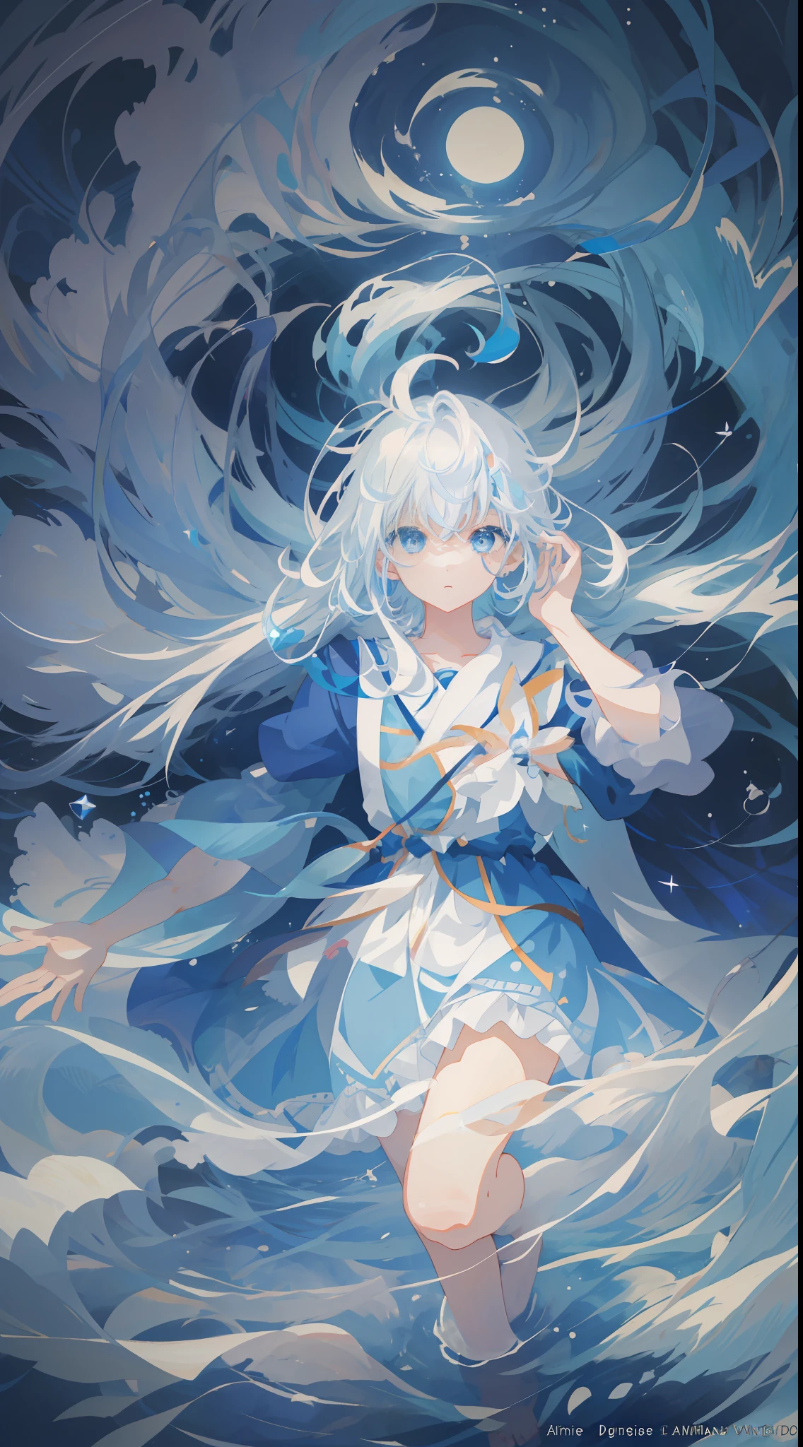 Anime girl in a blue dress floating in the water - SeaArt AI