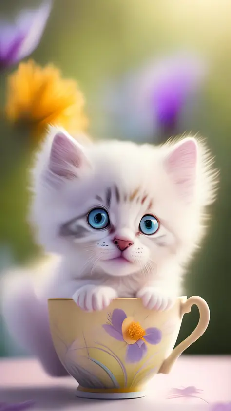 Very cute white tropical punk kitten, big eyes, in cup, laughter, excitement, flowers, professional light, depth of field 8k, purple gold magic moment, professional photography, octane rendering, super realistic - amazing sunlight, dynamic composition, pho...