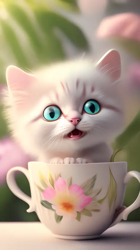 Very cute white tropicalpunk kitten, big eyes, in cup, open mouth, laugh, excitement, flowers, professional light, depth of field 8k, pink gold magic moment, professional photography, octane rendering, super realistic - amazing sunlight, dynamic compositio...