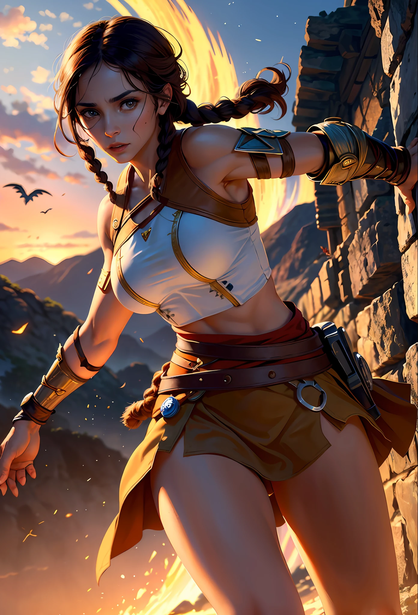 Solo, Kassandra (from assassin's creed oyssey, 1female, stron, toned abs, brown hair with side braids, brown eyes, light brown skin, Greek) wearing a one-piece armor, shoulders showing, shooting an arrow from a bow, bats flying, night, ancient greece. ((masterpiece), best quality, ultra high resolution)