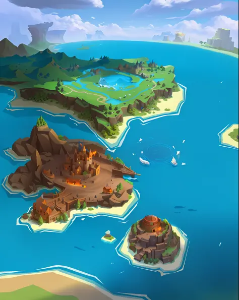 cartoon illustration of a small island with a castle and a lake, island background, mobile game art, stylized game art, stylized concept art, fantasy world concept, mobile game background, concept world art, isometric 3d fantasy island, scattered islands, ...