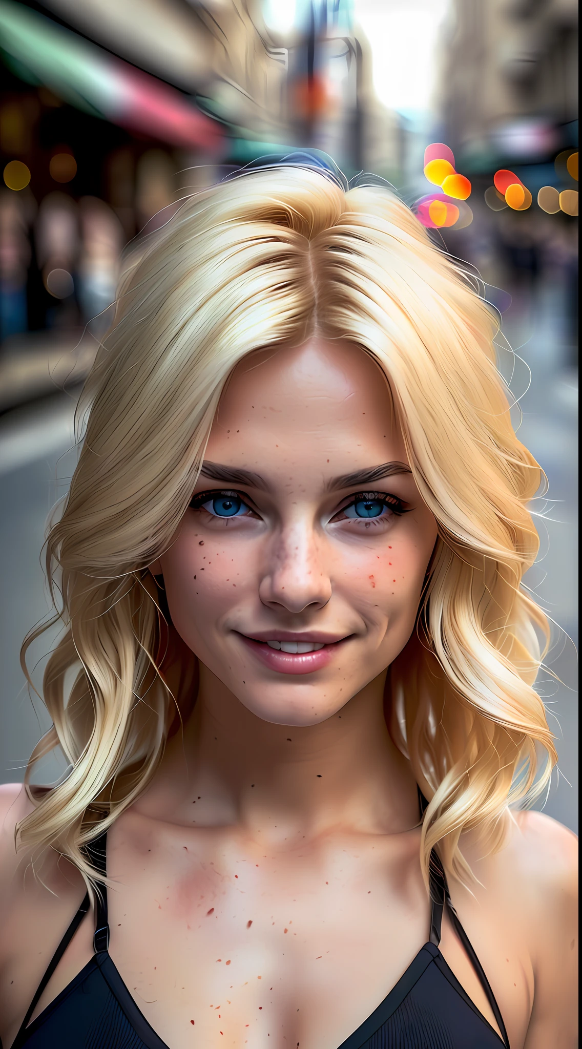 A street full of strange people, stalls on both sides of the street, a featured woman looking at the camera, blonde hair, woman of medium body and very beautiful face, details on the skin, hair in macro, seductive smile looking at the camera, charm in the look, quality in the environment, dark and hazy atmosphere, render octane, 16k