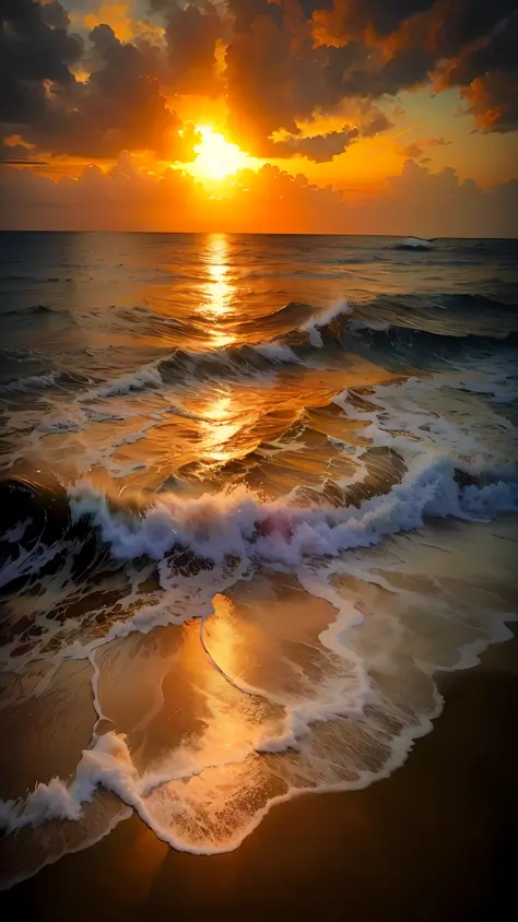 An absolutely mesmerizing sunset on the beach, with a mix of orange, pink, and yellow in the sky. The water is crystal clear, ge...