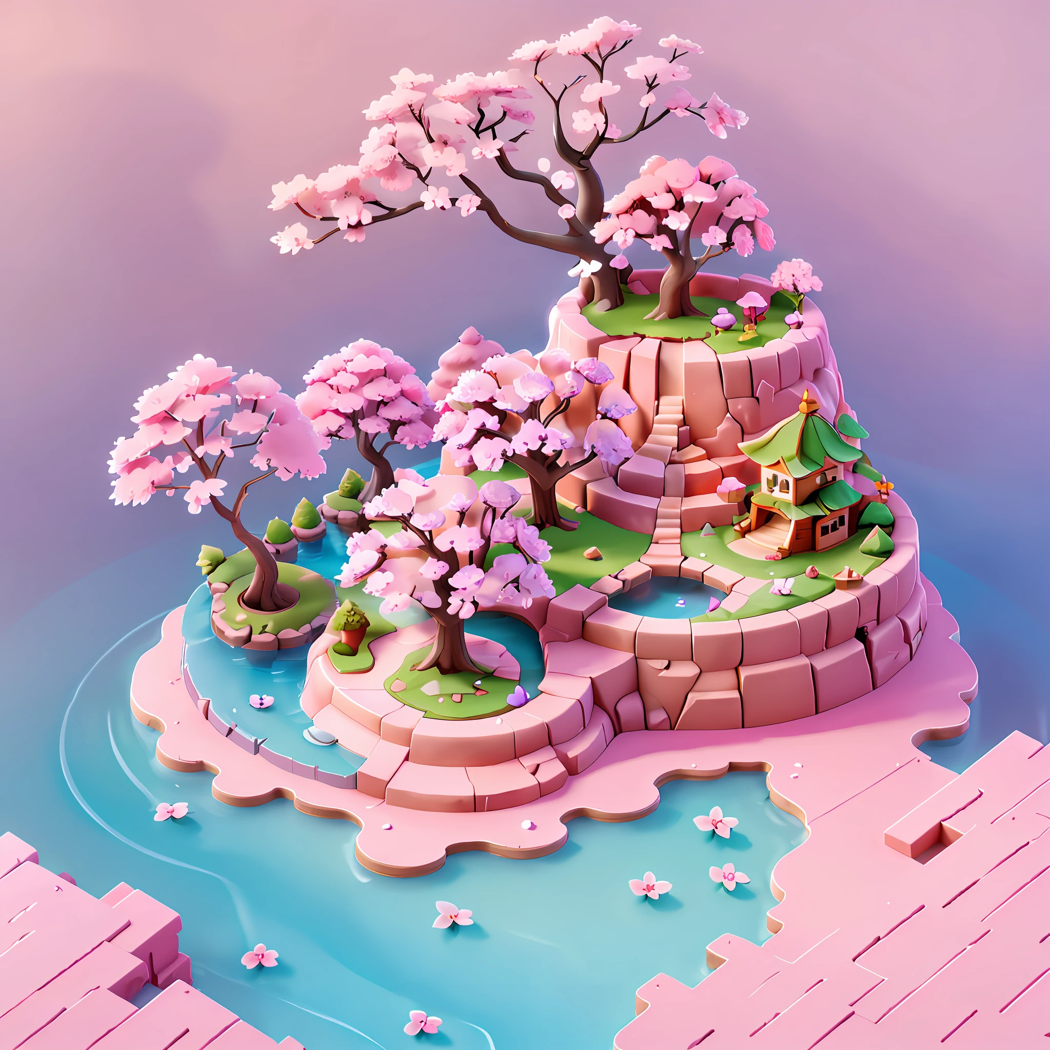 eine süße kleine Kirschblütenwaldinsel, mattes Low-Poly, isometrisch, kleines Haus, pink waterfalls, mist, Lat-Beleuchtung, weiche Schatten, Trends auf ArtStation, 3d render, Monumenttal, Fez-Videospiel,