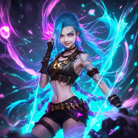 League of Legends Jinx, Full Body Shot, Neon Passage Background, Smile, High Quality, Glowing, Radiant, Anime & Manga Style, Concept Art, Smooth, Clear Focus, HDR, Ultra High Detail, Center, Lens Flash, Foggy Dusk, Bloom, Lights Bloom, Cinematic Lighting, ...
