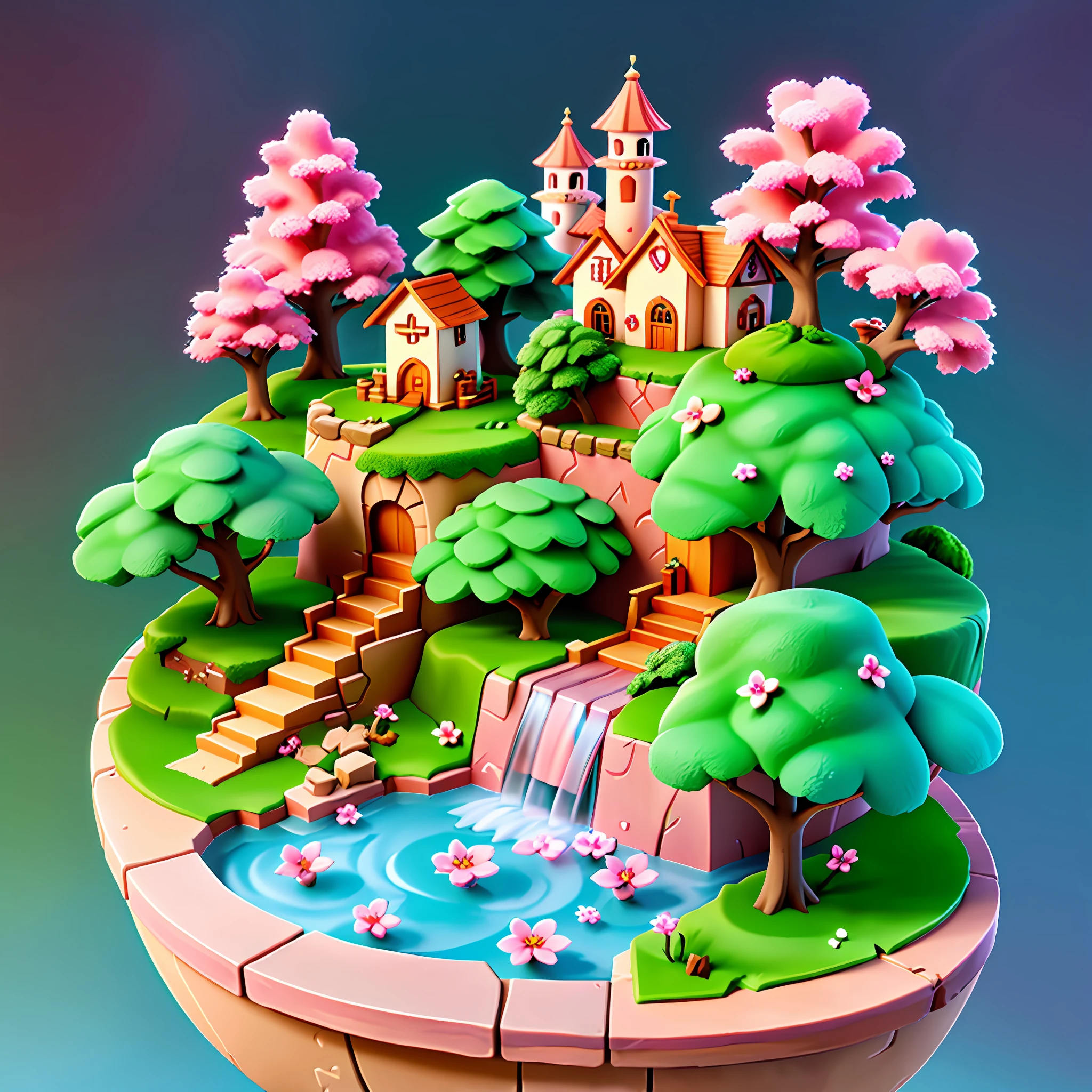 eine süße kleine Kirschblütenwaldinsel, mattes Low-Poly, isometrisch, kleines Haus, pink waterfalls, mist, Lat-Beleuchtung, weiche Schatten, Trends auf ArtStation, 3d render, Monumenttal, Fez-Videospiel,