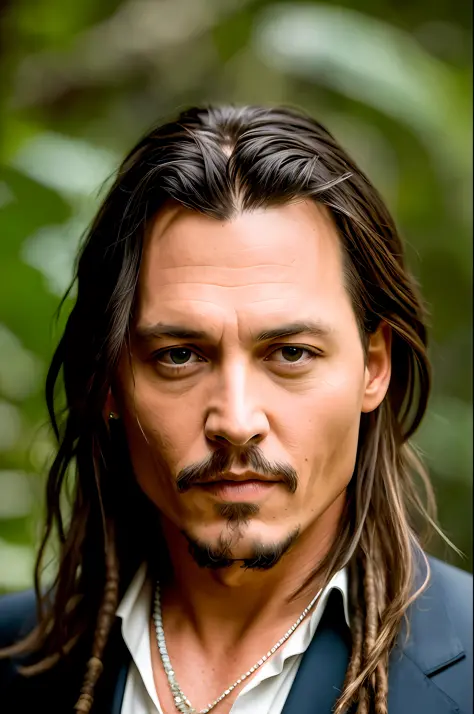 Masterpiece, Johnny Depp walks through the jungle at night in fireflies, (high detail: 1 of 1), rough face, natural skin, high quality, nsfw, beautiful eyes, (detailed face and eyes), (face : 1 2), noise, extra, real photo, PSD, light film photography, sha...
