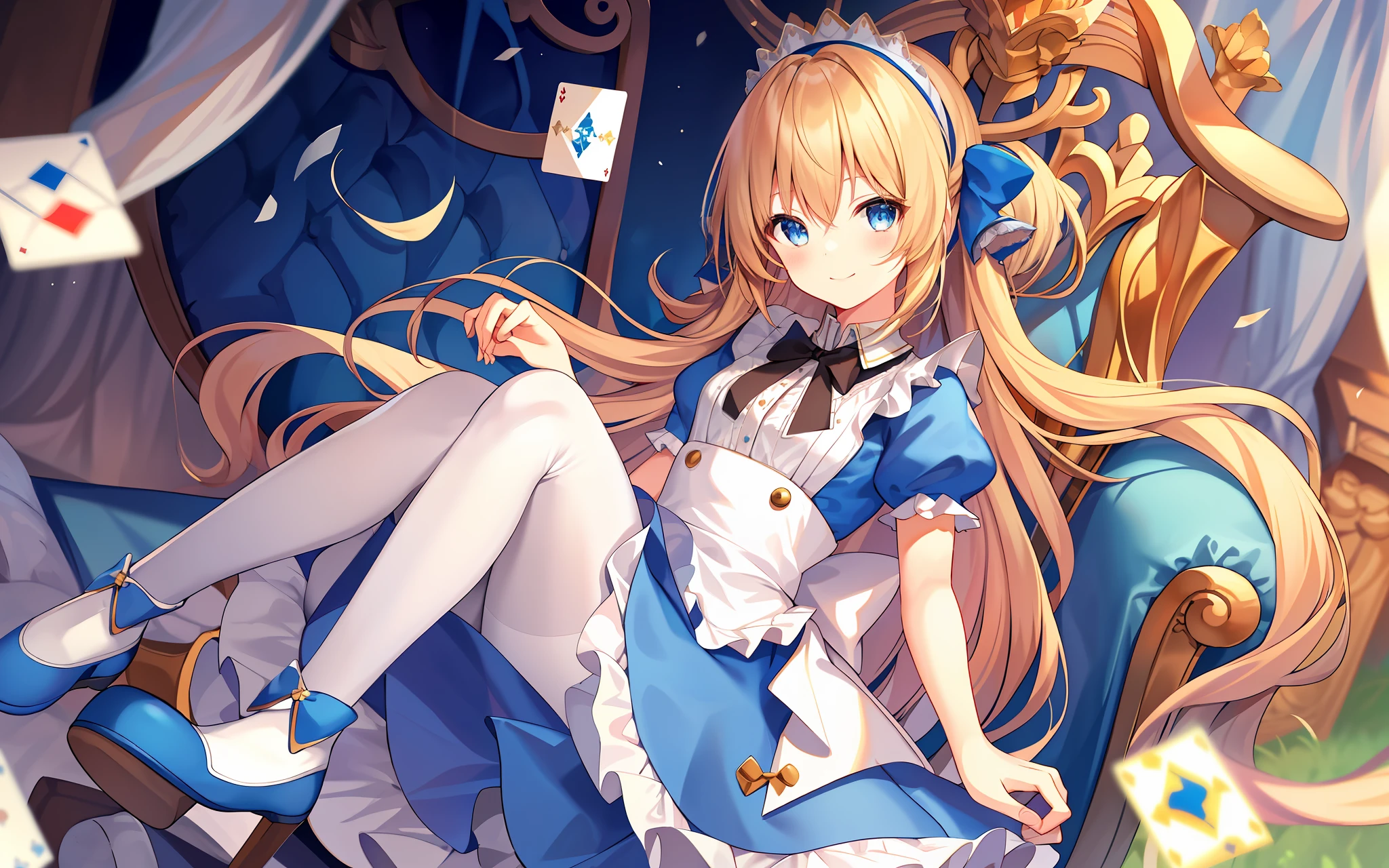 1 girl, solo, long hair, blue eyes, blonde hair, crown, sitting, pantyhose, dress, card, apron, hair band, looking viewer, short sleeves, hair bow, blue hair band, smile, blush, hands on their face, blue dress, alice (alice in wonderland), hair between eyes, chair, black pantyhose, blue bow, throne, puffy sleeves, hands on their cheeks, bangs, puffy short sleeves, Ribbons, very long hair, mini crown, legs outside the frame, ruffles, white apron, : q, masterpiece, top quality, triumphant look