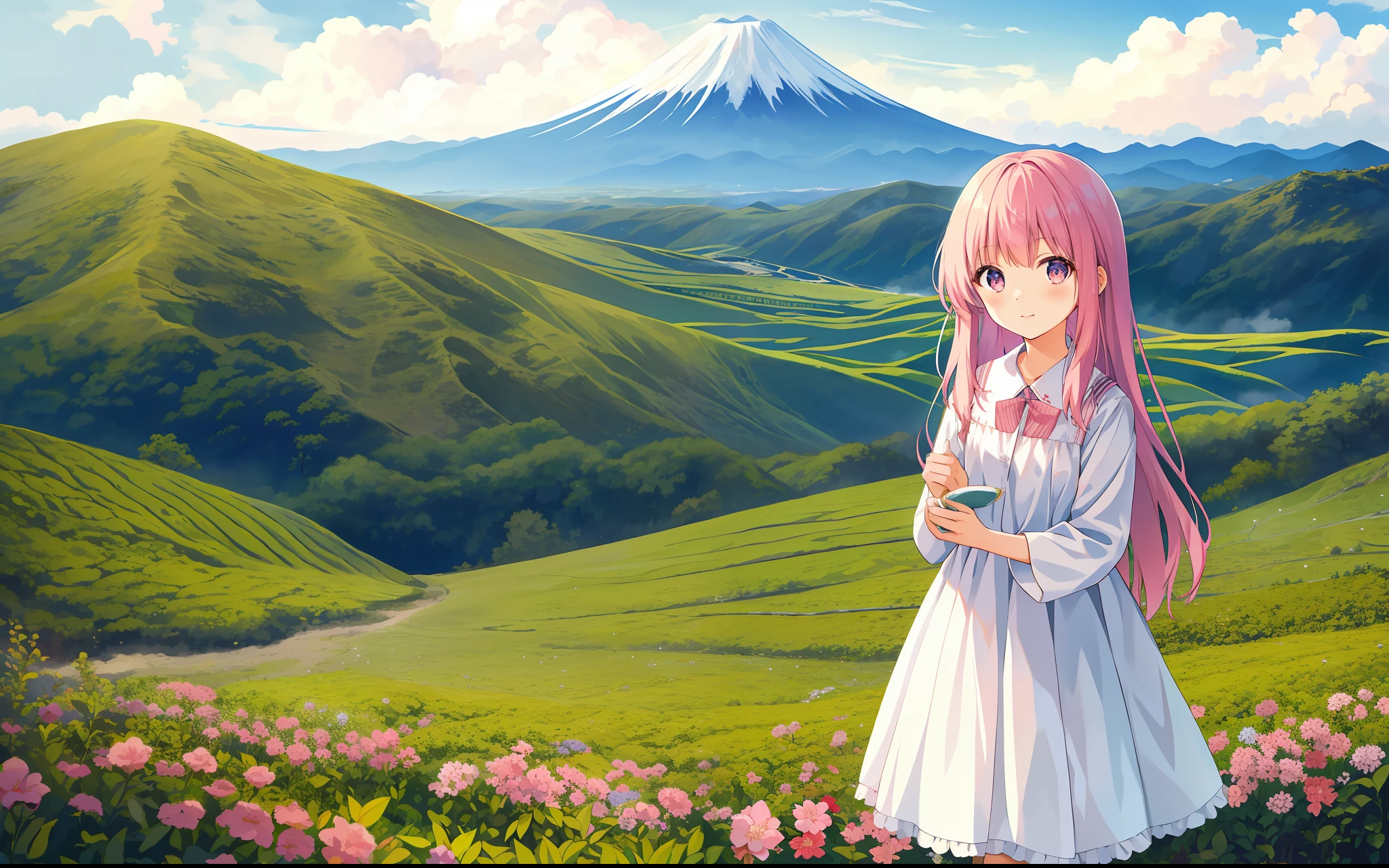 Mount Fuji, tea plantation, girl, top quality, pink hair, white dress, ephemeral, long hair, little girl, small, far winding, holding card game in hand