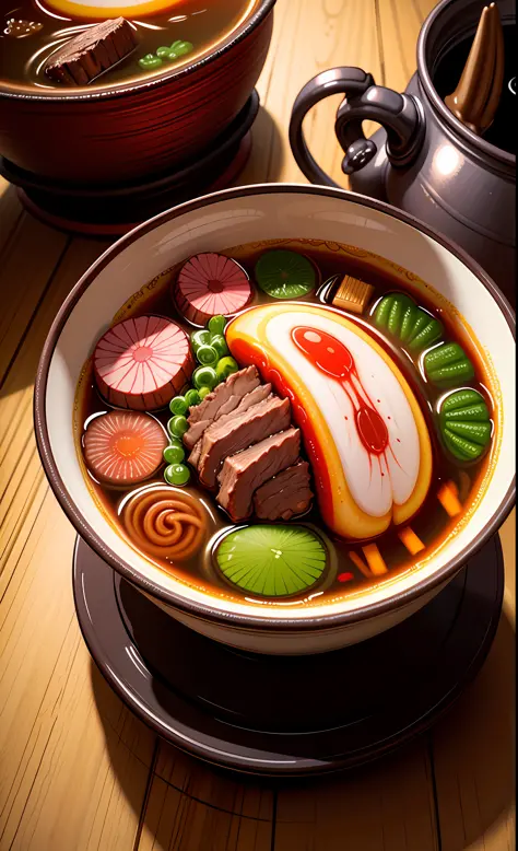 a bowl of beef noodle soup, ((masterpiece)),illustration,high detail, soft lighting, delicious, colorful, aesthetically pleasing, studio lighting, trending