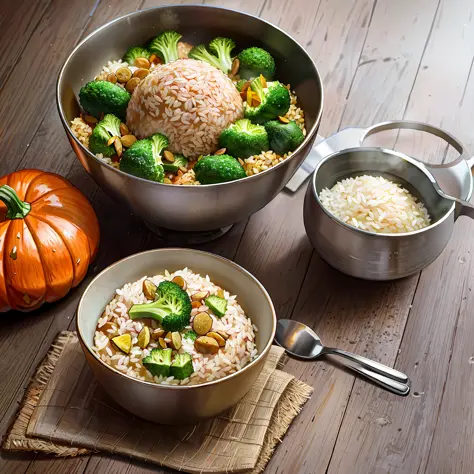 there is a bowl of brown rice and broccoli on a table, rice, high quality food photography, healthy, professional food photograp...