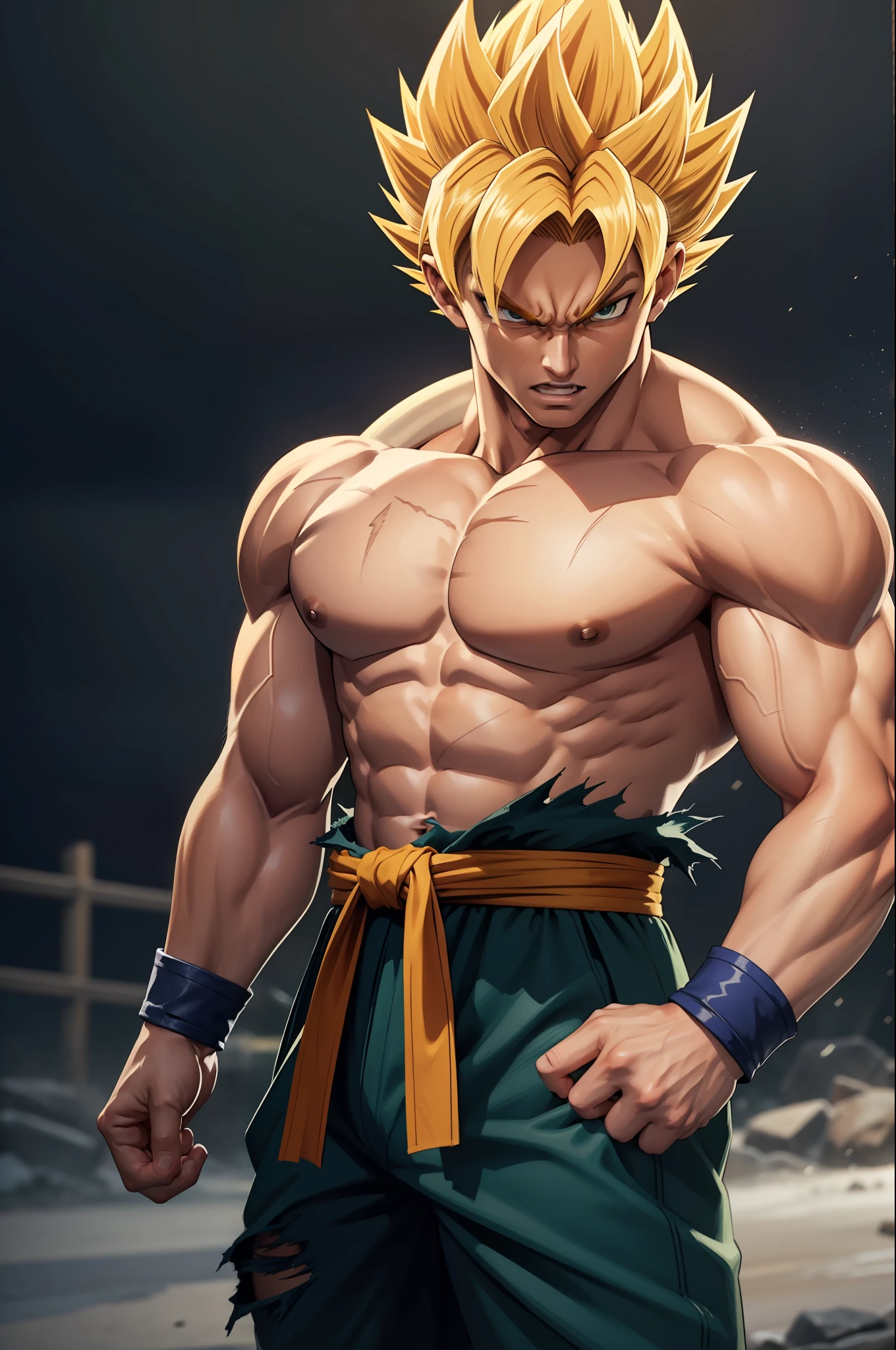 (masterpiece, best quality), intricate details, 8k, artstation, wallpaper, official art, splash art, storm in background, sharp focus, 1boy, (photorealistic:1.2) (bokeh) (best quality) (detailed skin:1.3) (intricate details) (8k) (detailed eyes) (sharp focus) son goku, angry, battle damage, blonde hair, blue sash, clenched teeth, furious, green eyes, male focus, muscular, muscular male, pectorals, sash, solo, spiked hair, super saiyan, super saiyan 1, teeth, topless male, torn clothes, wristband,