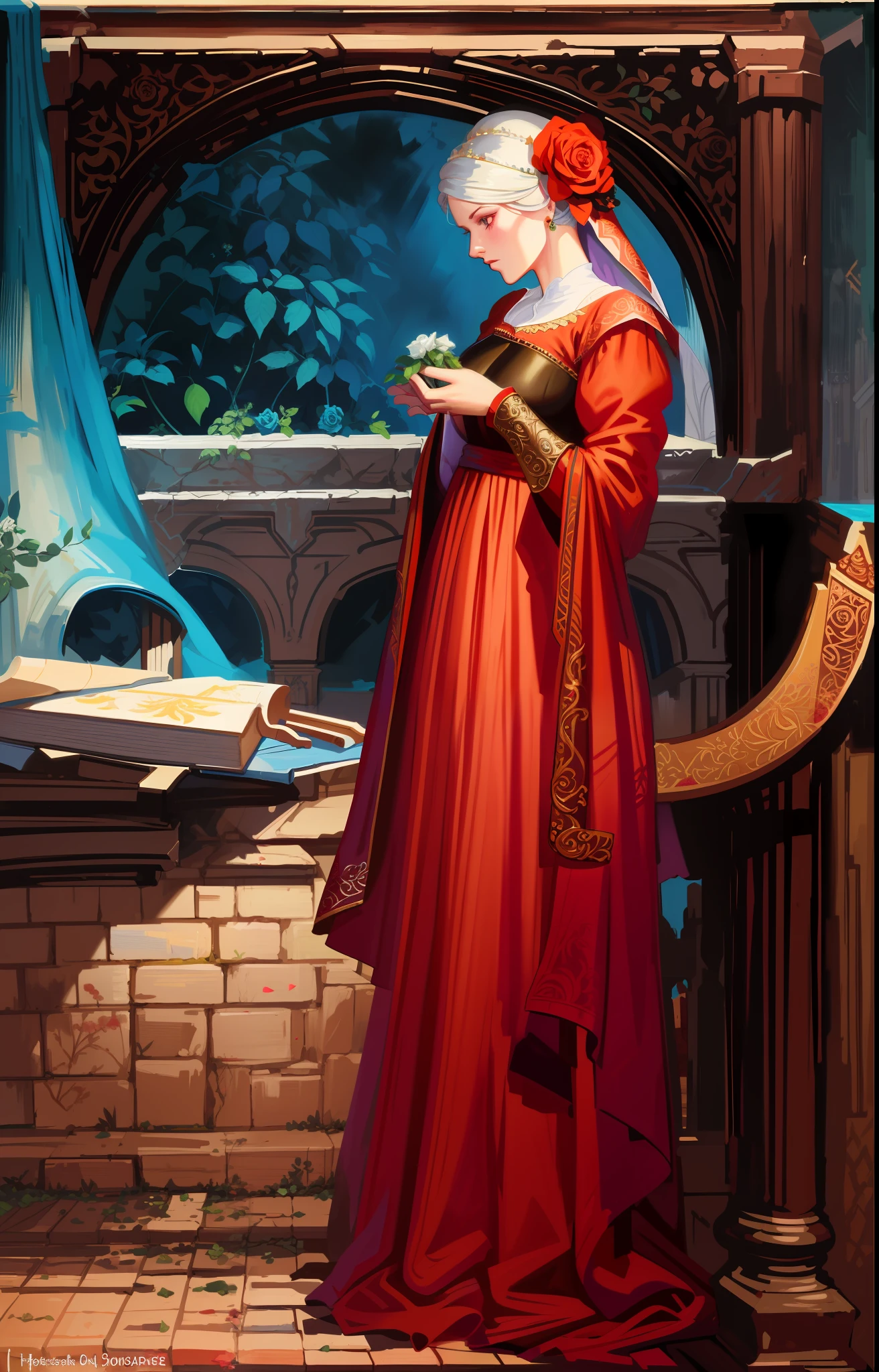 窓のそばに立つ赤いドレスを着た女性の絵 - SeaArt AI