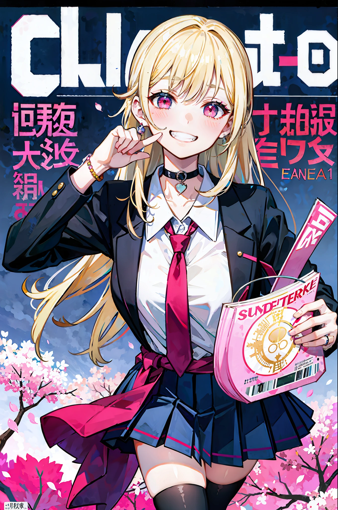 masterpiece, best quality, full body, 1girl, bangs, black choker, black necktie, blonde hair, blue skirt, blush, bracelet, breasts, choker, clothes around waist, collarbone, collared shirt, cowboy shot, dress shirt, ear piercing, eyebrows visible through hair, gradient hair, grin, gyaru, jewelry, kogal, long hair, looking at viewer, loose necktie, necktie, piercing, plaid, plaid skirt, pleated skirt, red eyes, ring, , shirt, skirt, smile, solo, white shirt, street, sky, cherry blossoms, petals,illustration, (magazine:1.3), (cover-style:1.3), fashionable, woman, vibrant, outfit, posing, front, colorful, dynamic, background, elements, confident, expression, holding, statement, accessory, majestic, coiled, around, touch, scene, text, cover, bold, attention-grabbing, title, stylish, font, catchy, headline, larger, striking, modern, trendy, focus, fashion,