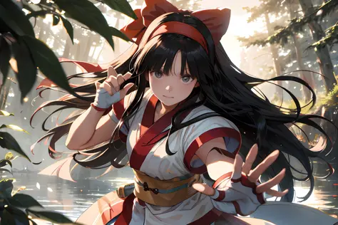 masterpiece, best quality,1girl, red bow, bow, long hair, hair bow, ainu clothes, solo, hairband, black hair, fingerless gloves, short sleeves, gloves, sash, pants, bangs, red hairband, weapon, breasts, brown eyes, white pants, japanese clothes, nakoruru, ...