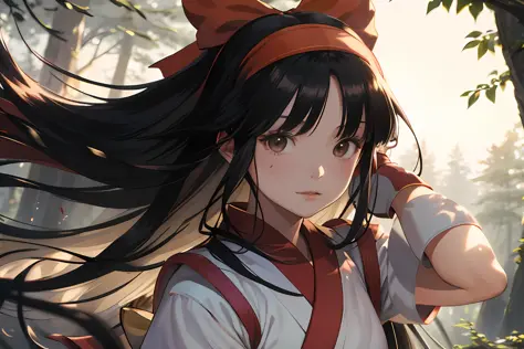 masterpiece, best quality,1girl, red bow, bow, long hair, hair bow, ainu clothes, solo, hairband, black hair, fingerless gloves, short sleeves, gloves, sash, pants, bangs, red hairband, weapon, breasts, brown eyes, white pants, japanese clothes, nakoruru, ...