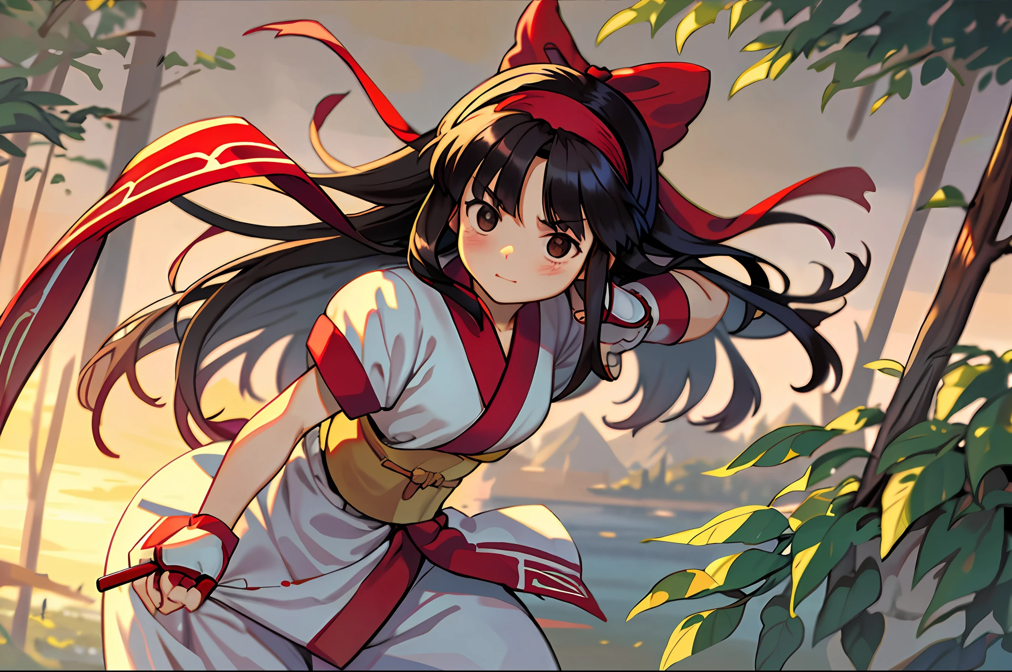 masterpiece, best quality,1girl, red bow, bow, long hair, hair bow, ainu clothes, solo, hairband, black hair, fingerless gloves, short sleeves, gloves, sash, pants, bangs, red hairband, weapon, breasts, brown eyes, white pants, japanese clothes, nakoruru, light smile, officials art, good composition,m, detailed portrait, portrait, bokeh, forest with river, sun behind back, pencil style, traditional brush, samurai, onmyoji style, high resolution, dramatic lighting and shadow, sun flared, blurry foreground, blood plashing around, looking at viewer, hands behind back, hands not in view, face shading, strong lighting, dim light, nostalgia look, dramatic hair, shinto gate behind, masterpiece