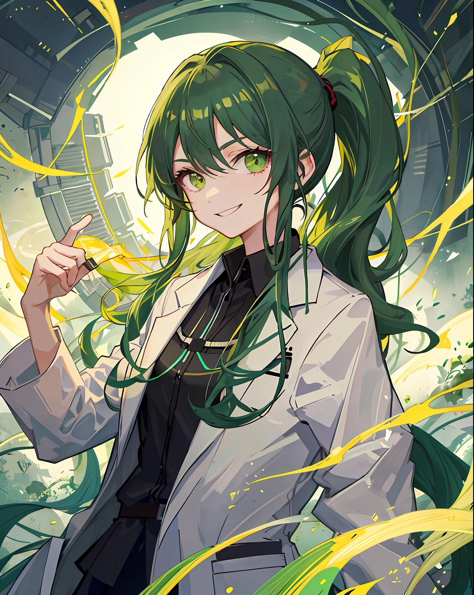 masterpiece, best quality, dark green hair, both sides up, low ponytail, long hair, lab coat, laboratory atmosphere, doctor, evil smile, , jewel, young, one girl, upper body, dark aura