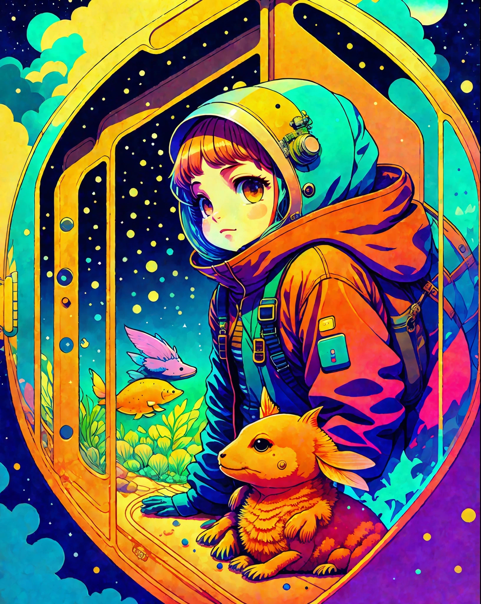 photo of  a explorer with an axolotl as a pet inside the space with a psychedelic backgroun, style of laurie greasley, studio ghibli, akira toriyama, james gilleard, genshin impact, trending pixiv fanbox, acrylic palette knife, 4k, vibrant colors, devinart, trending on artstation, low details