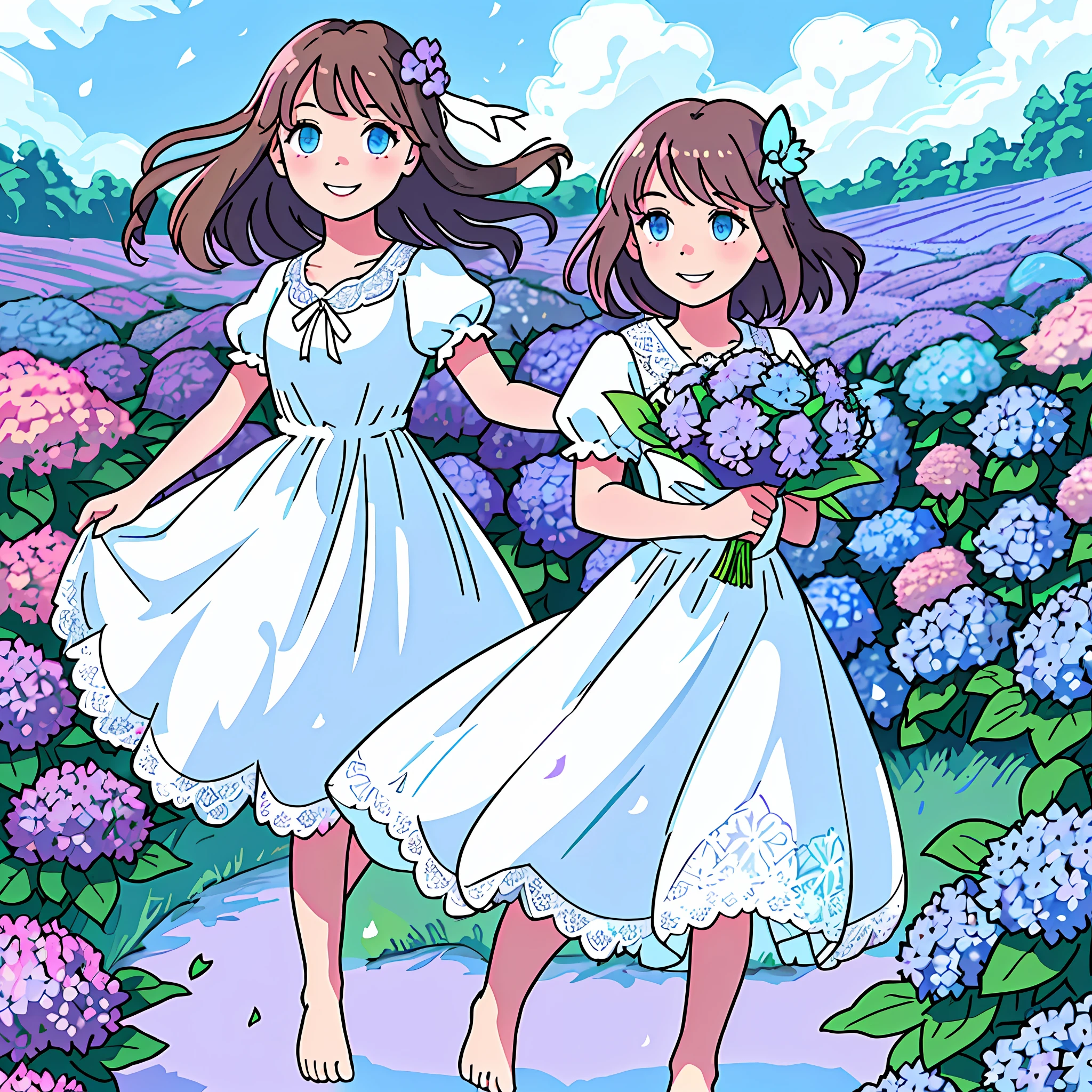 Brown-haired girl with sun reflections, light blue eyes, radiant smile, pink lips, surrounded by a field of blue and purple hydrangeas, bright sky, lights, good quality, dressed in a summer white dress with bow and lace, holding a bouquet of blue hydrangeas, white butterflies with white glitter, green grass, barefoot, clouds,