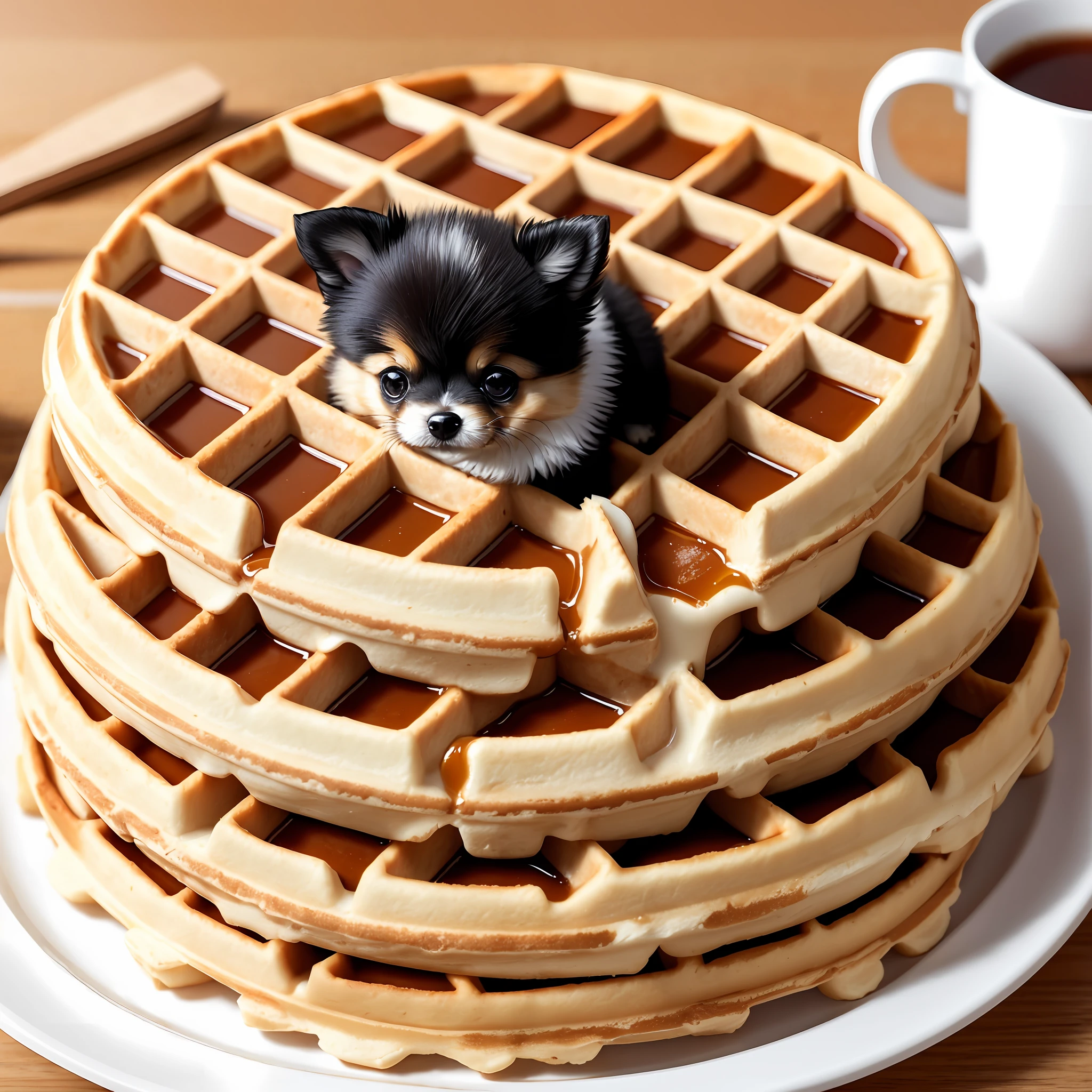 A sharp focus photo of an adorable Waffle pomeranian dog syrup, 8k, 4k, adorable, cute, children's illustration,