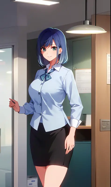 ((masterpiece, best quality)), (1girl),((mature female)), blue hair, ((office lady )),bangs,medium breast,(busty),slim,smile, [w...