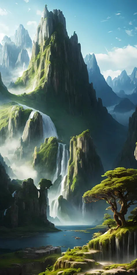 mountains with a waterfall and a few trees in the foreground, impressive fantasy landscape, an epic landscape, fantasy matte painting，cute, fantasy art landscape, most epic landscape, 4k hd matte digital painting, epic fantasy landscape, 4k highly detailed...