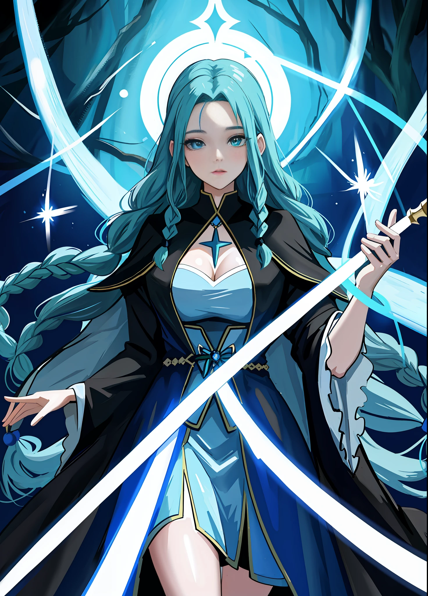 1 Witch woman, in black robe with white parts, holding a magic wand, blue rays behind her, staring at the viewer, forehead mark, she has (blue long hair) with braids and (green eyes), immensely large breasts, blue magic aura swirling around her body, in a forest full of magical creatures around her, anime style, symmetry, anatomically correct, 16k, highres, best quality, award winning, high quality, high details, UHD, masterpiece, ccurate