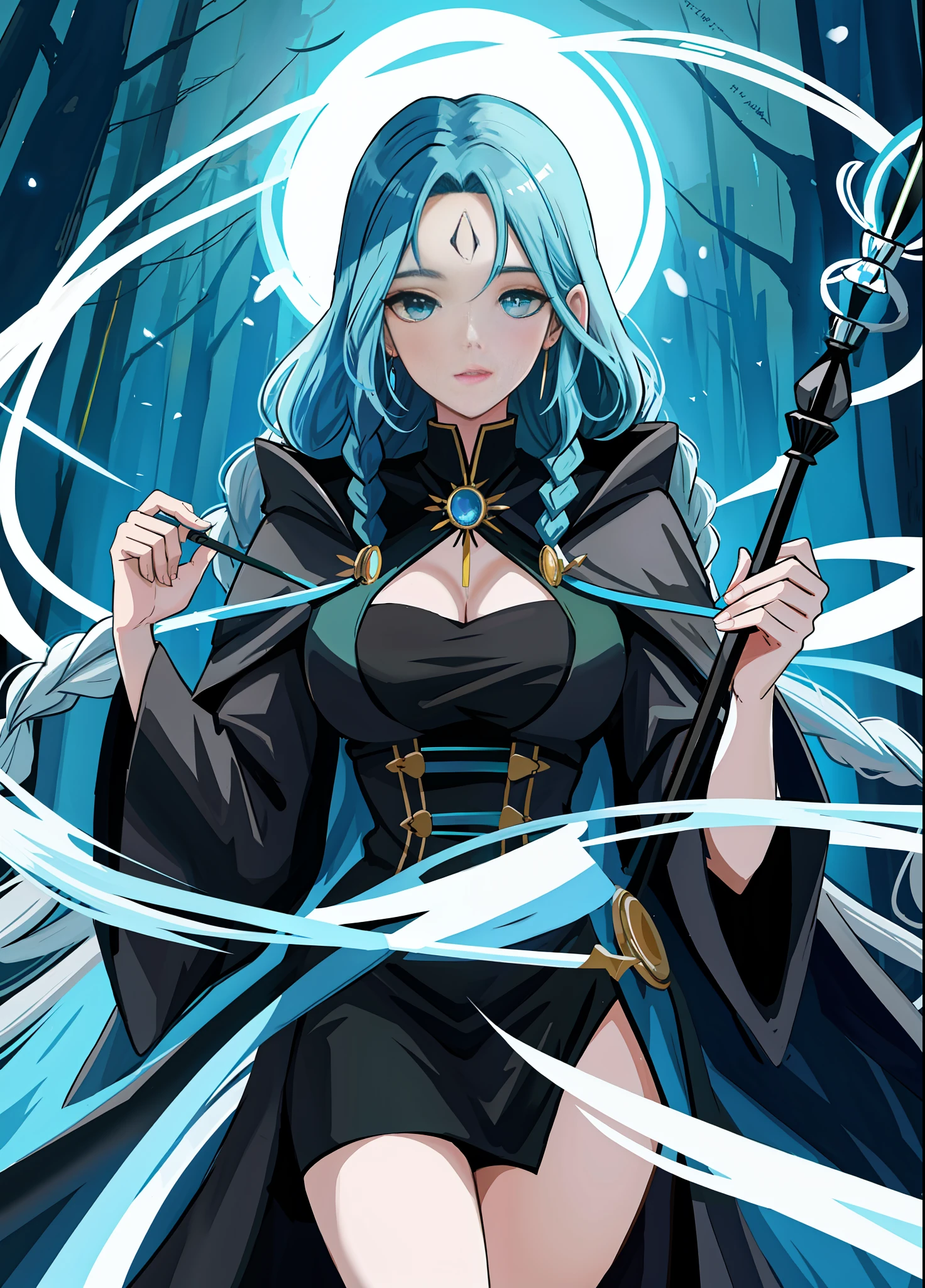 1 Witch woman, in black robe with white parts, holding a magic wand, blue rays behind her, staring at the viewer, forehead mark, she has (blue long hair) with braids and (green eyes), immensely large breasts, blue magic aura swirling around her body, in a forest full of magical creatures around her, anime style, symmetry, anatomically correct, 16k, highres, best quality, award winning, high quality, high details, UHD, masterpiece, ccurate