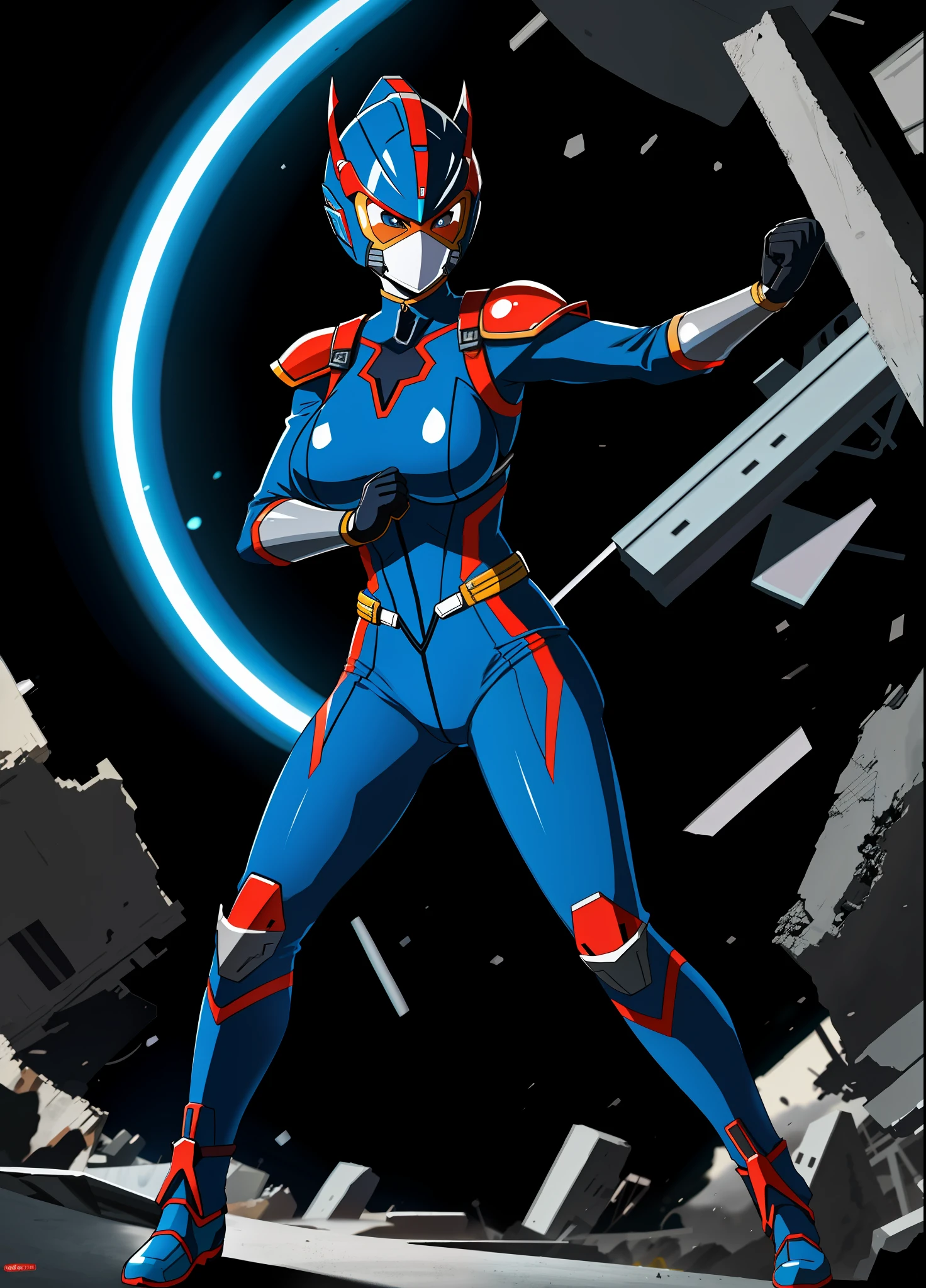 Full Body, 1 giant female in Ninja/Ultraman suit, huge breasts, ultraman helmet mask, facing viewer, no hair, clenched fists, fists up, bright blue circular jewel on her chest, in fighting stance, she has thunder around from your body, you are in a destroyed city with small ships circling around, anime, 16k, UHD, ccurate, anatomically correct, masterpiece, highres, best quality, award winning, high details