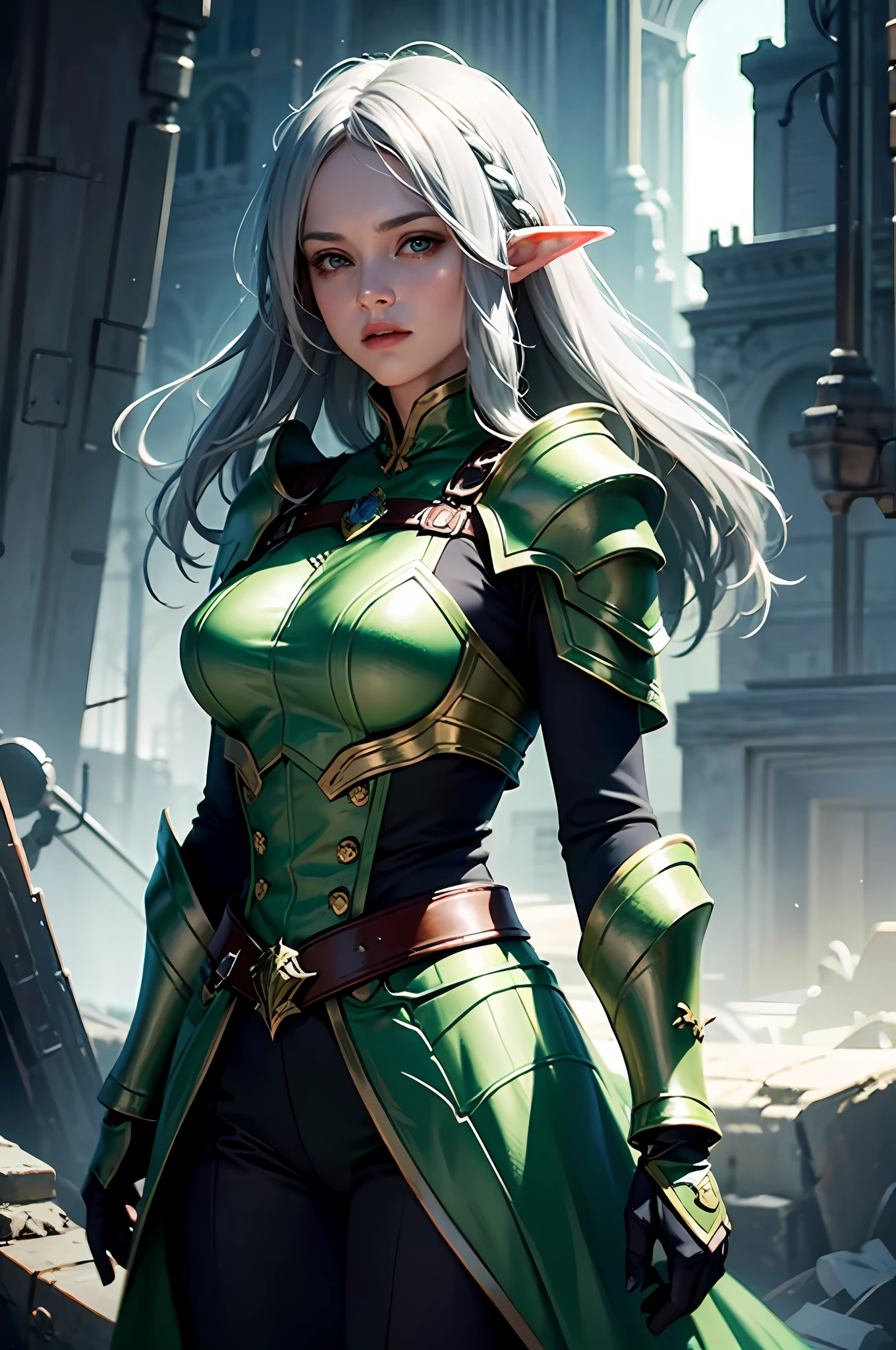 (Front Focus), (In the Dark: 1.6), A Woman Wearing Gorgeous Green Armor ...