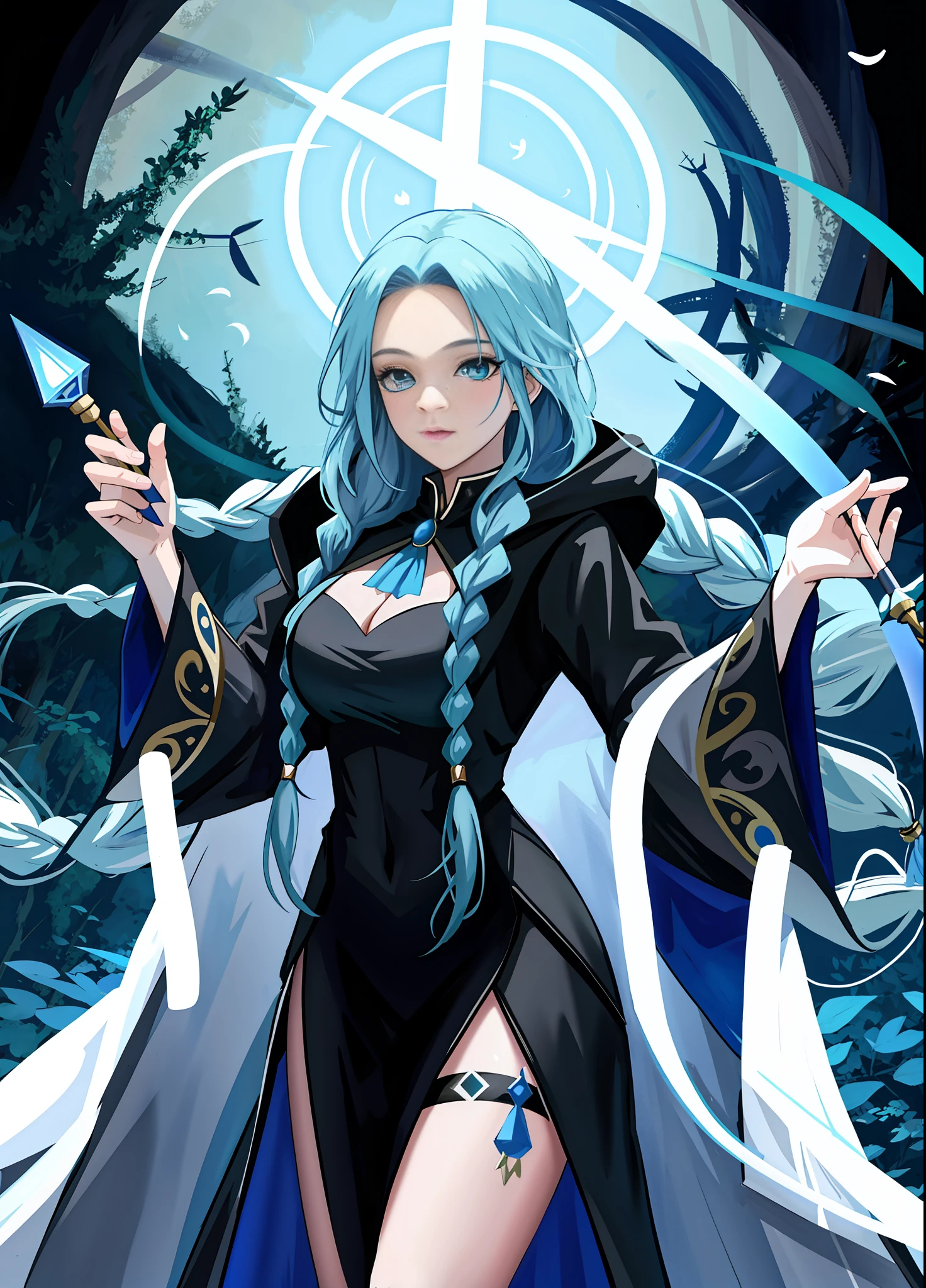 1 Witch woman, in black robe with white parts, holding a magic wand, blue rays behind her, staring at the viewer, forehead mark, she has (blue long hair) with braids and (green eyes), immensely large breasts, blue magic aura swirling around her body, in a forest full of magical creatures around her, anime style, symmetry, anatomically correct, 16k, highres, best quality, award winning, high quality, high details, UHD, masterpiece, ccurate