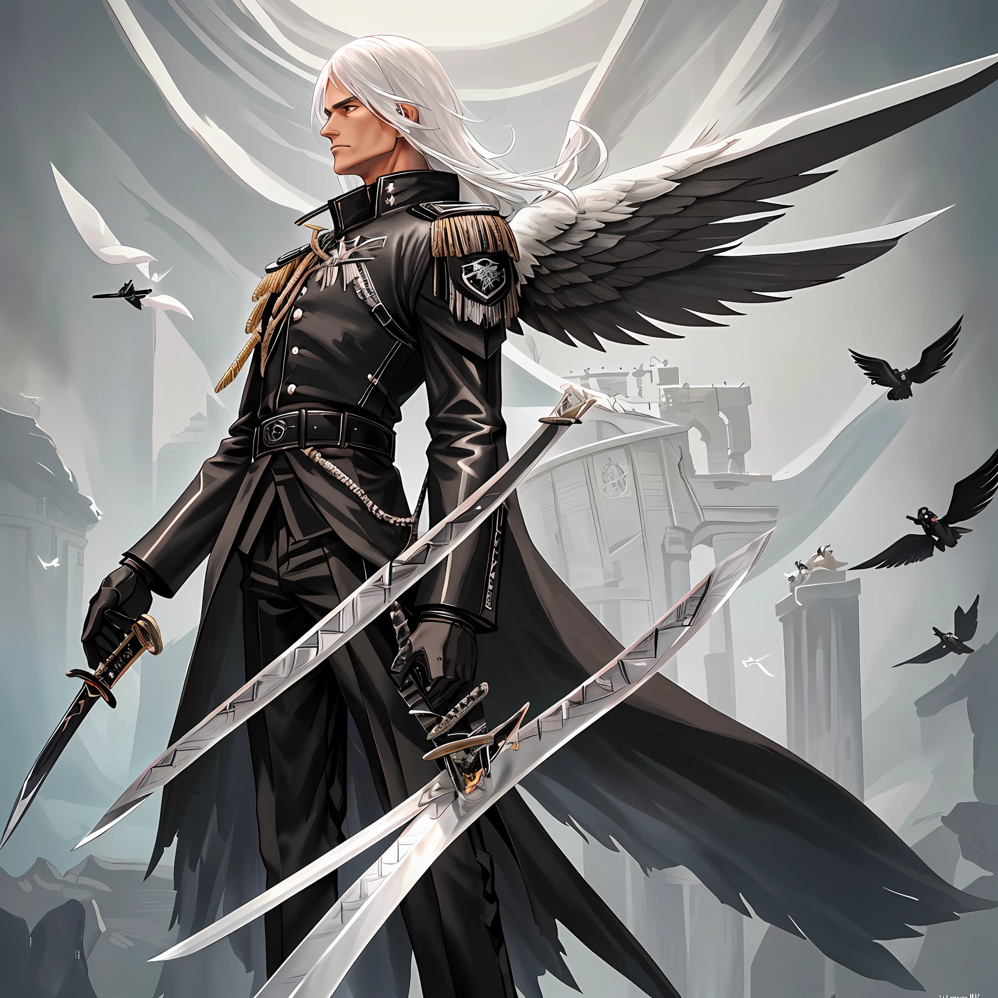 1man, solo, tall, well-built, black clothing, black pants, black wings, large wings, tanned skin, white hair, snow white hair, shoulder-length hair, black jacket, black leather jacket, swords, multiple swords, ((( holding multiple swords))), (((straight edge swords))), best quality,((( masterpiece)))