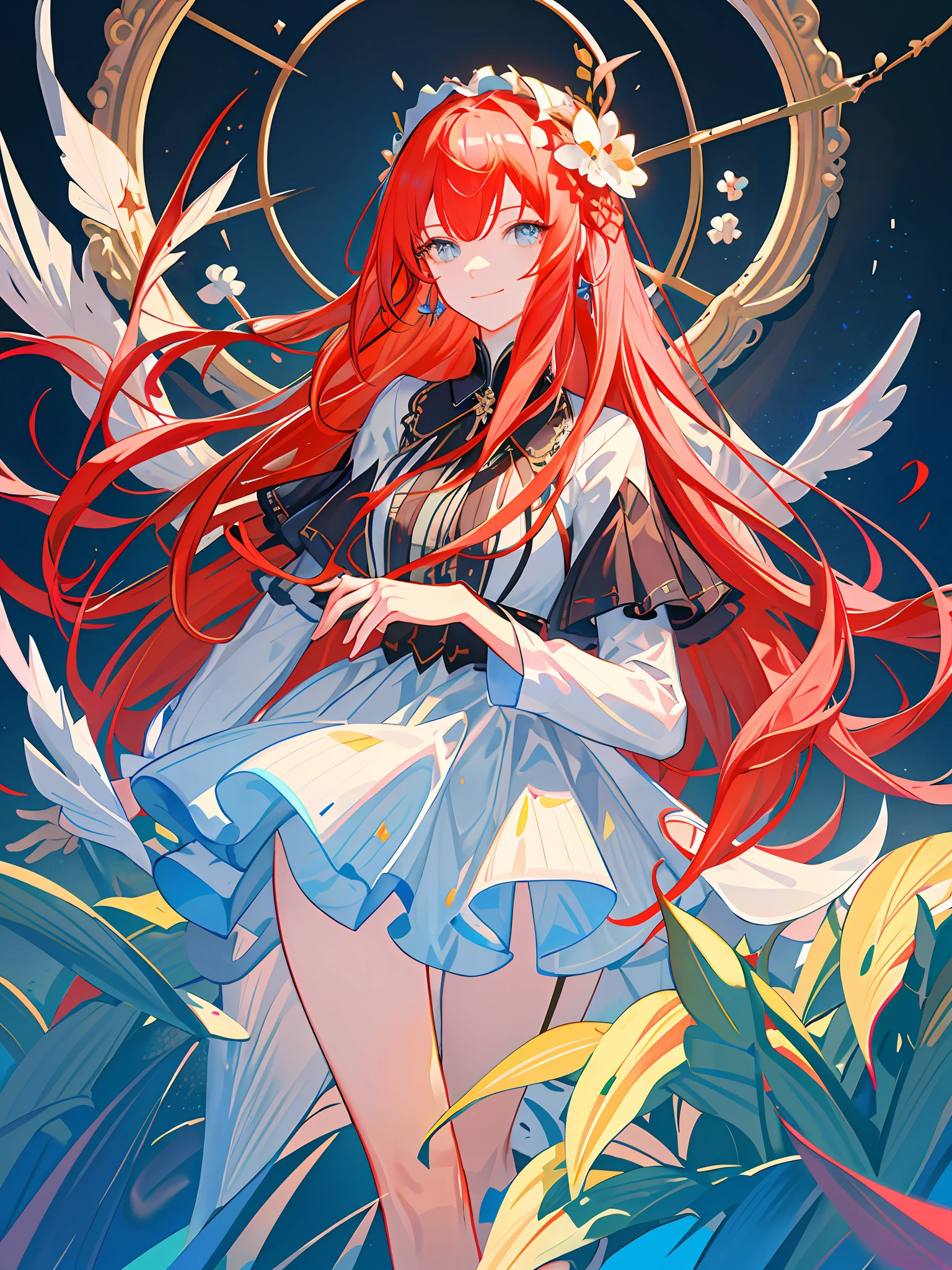 masterpiece,best quality,best quality,Amazing,beautiful detailed eyes,1girl,fine detail,Depth offield,extremely detailed CG unity 8k wallpaper,masterpiece,upper body, Red hair, streaked hair,palace, holy , white floor length slit dress, mature woman, standing, mid bust, silver headdress, smiling, black high heels, extra long hair, body turned to one side, jewelry, blue flowers in hair, gray eyes, close up