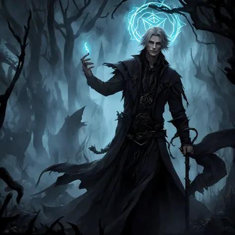 A feeble and aged warlock, garbed in a tattered black suit, with a twisted and crooked staff in his hand. Magical effects, glowing runes, dark forest, mystic atmosphere