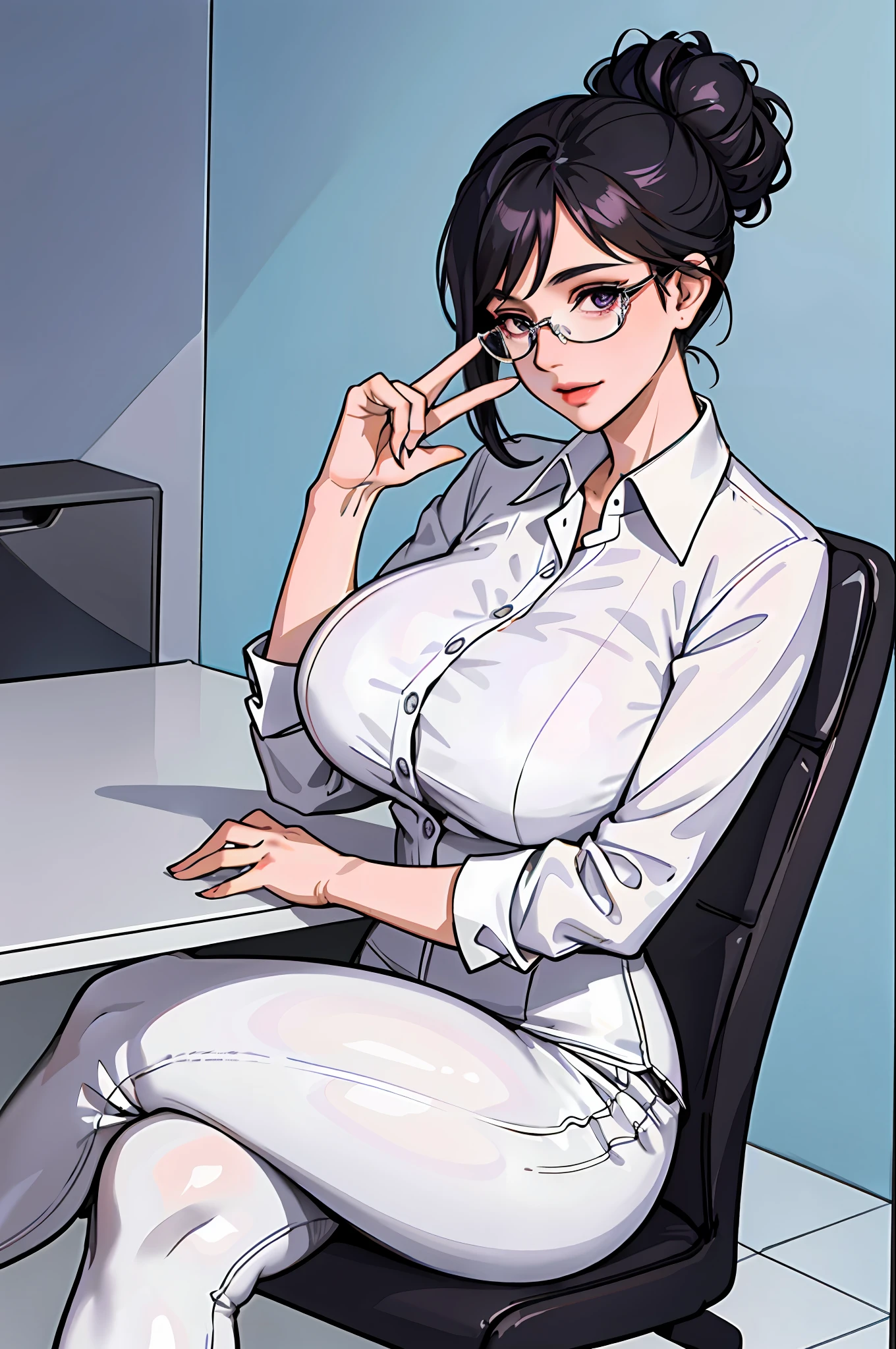 (upper body:1.2 1girl, masterpiece, best quality, ultra-detailed, illustration, finely detailed eyes and detailed face) Clothes: business suit pants, tight white blouse, wedding ring, Appearance: short black hair in a neat low bun, natural makeup, (purple eyes:1.05), white glasses, wide hips, massive breasts, alluring, motherly, at_the_CEO_office, looking at viewer, curvy, voluptuous, full body, CEO lady, (mature female, milf:1.1), solo, (curvy:1.1), big ass, thick thighs, milf, modern office background, sitting down, legs crossed