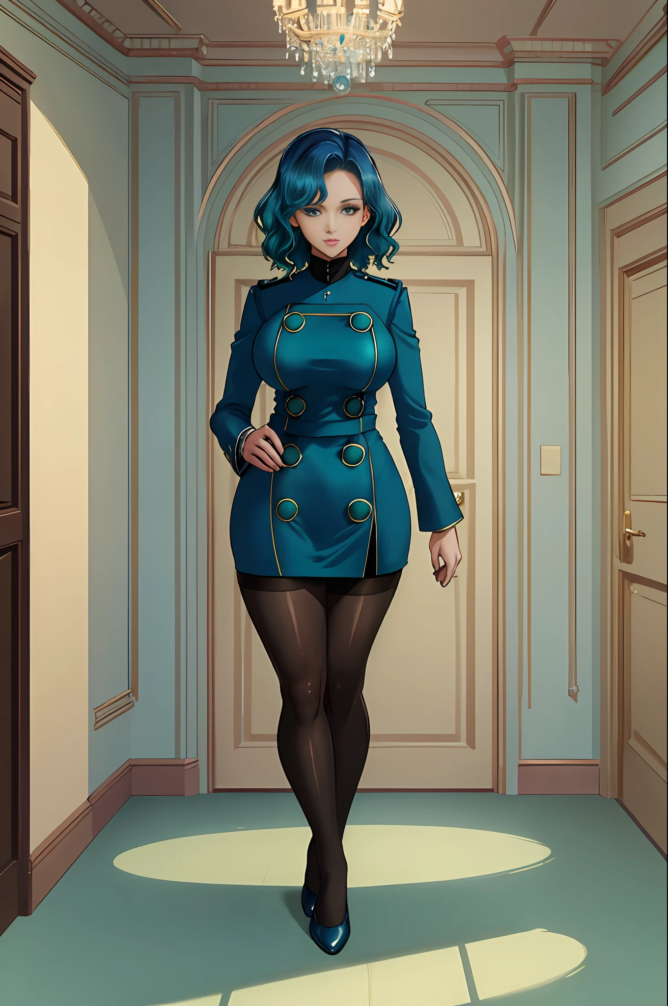 1woman, solo, masterpiece, best quality, highres, blue hair, gradient hair, green hair, , blue uniform, 4 big buttons, short hair, wavy hair, mature, big breasts, velvet room, velvet room attendant, velvet room uniform, thick thighs, pantyhose