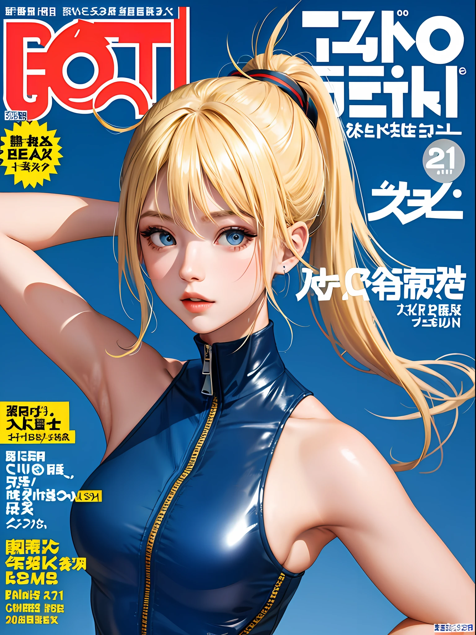 masterpiece, top quality, colorful hair, outdoor, magazine cover, upper body, dark blue, bodysuit, sleeveless, ponytail, cute, asian, center zipper, blonde, Japan person