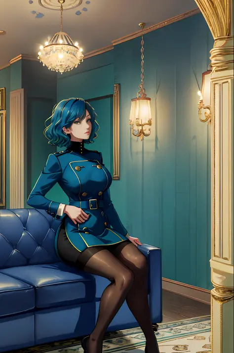 1woman, solo, masterpiece, best quality, highres, blue hair, gradient hair, green hair , dark blue uniform, 4 big buttons, short...