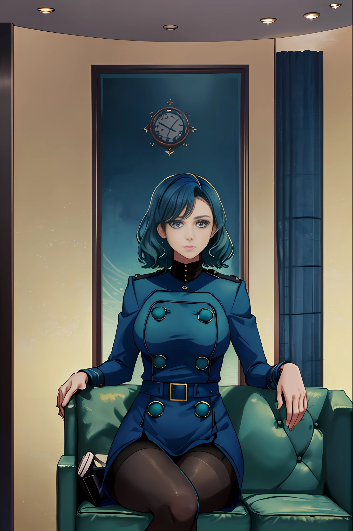 1woman, solo, masterpiece, best quality, highres, blue hair, gradient hair, green hair , dark blue uniform, 4 big buttons, short hair, wavy hair, mature, big breasts, velvet room, velvet room attendant, velvet room uniform, thick thighs, pantyhose, sitting down, angle shot, viewer looking up, dark blue sofa