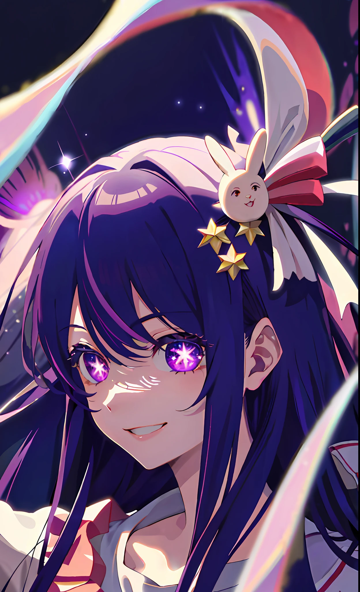 (Best quality: 1.4, masterpiece, 4k, detail), Ai Hoshino, long hair, purple hair, striped hair, purple eyes, star pupils, hair accessories, on stage, smile, two hands compared to love, sparkle, close-up, extremely detailed eyes, glowing eyes, highest quality digital art, stunning art, wallpaper 4k