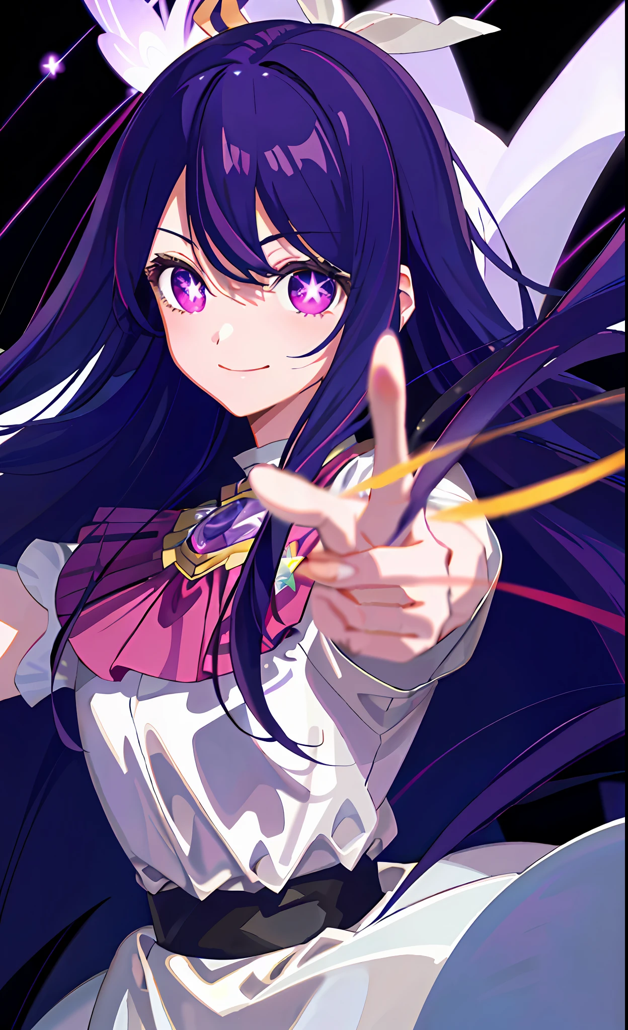 (Best quality: 1.4, Masterpiece, 4K, detail), Ai Hoshino, long hair, purple hair, striped hair, purple eyes, star pupils, hair accessories, on stage, smile, two hands than out of love, sparkling, extremely detailed eyes, glowing eyes, highest quality digital art, stunning art, wallpaper 4k