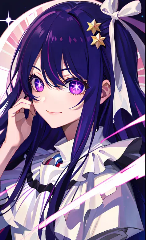 (best quality: 1.4, masterpiece, 4k, detail), ai hoshino, long hair, purple hair, striped hair, purple eyes, star pupils, hair a...