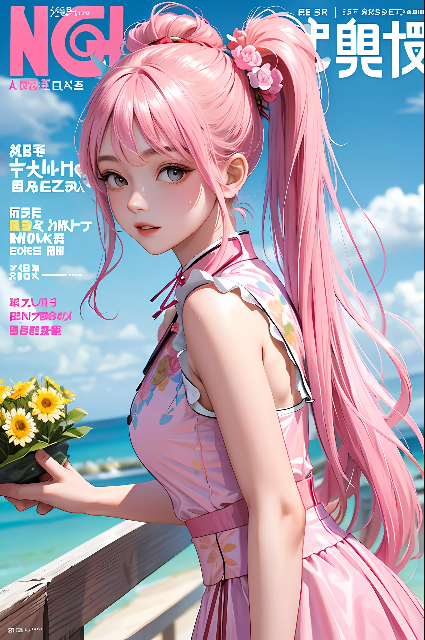 portada de revista, vestido chino rosa, obra maestra, calidad superior, ropa de primavera, cabello colorido, exterior, portada de revista, Parte superior del cuerpo, Sin mangas, bermudas, cola de caballo corta, Cola de caballo lateral, lindo, asia,