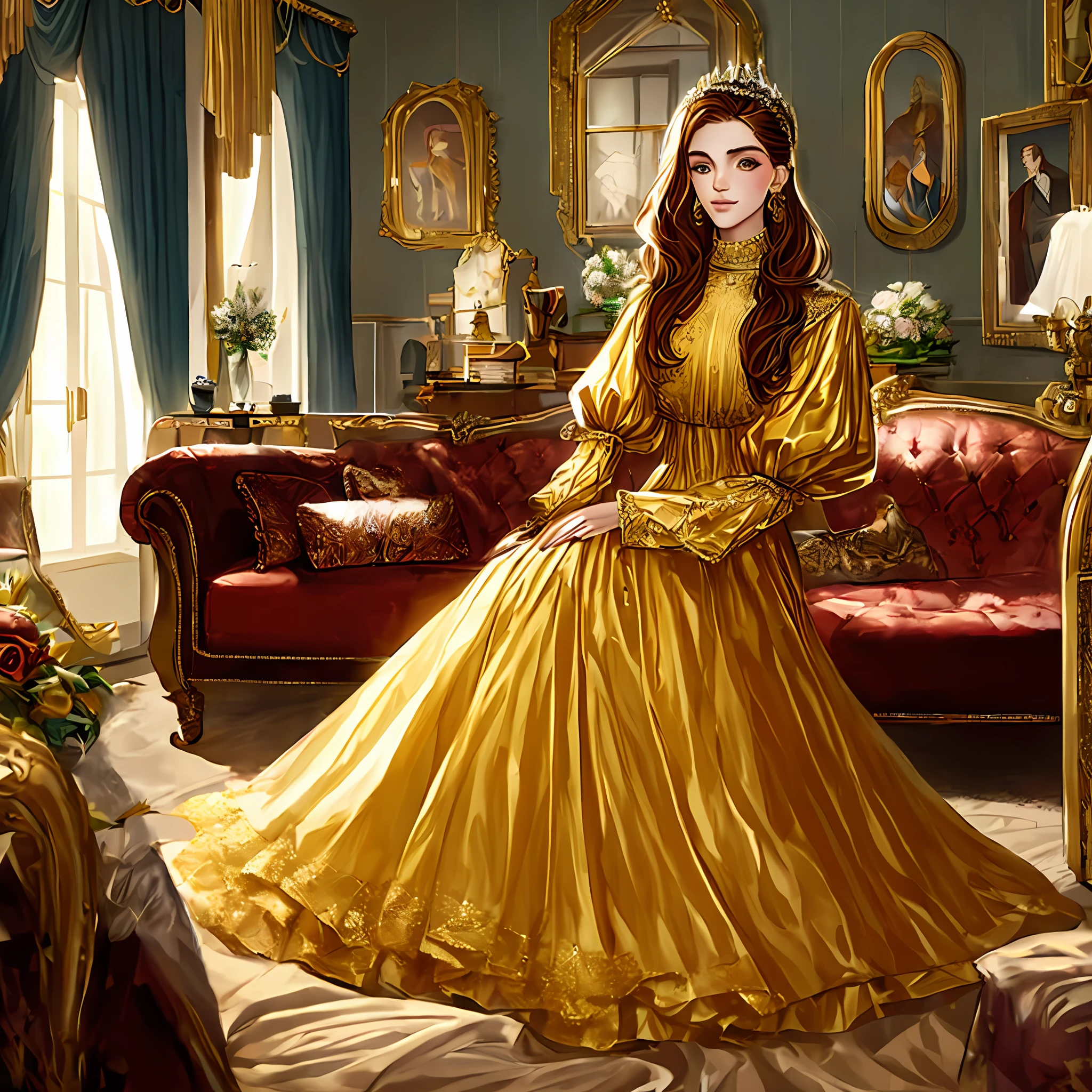 a woman standing in a living room next to a couch, ! haute couture!, petspective room layout, katherine mcnamara inspired, toon, golden dress, of portrait of justin beber, beautiful long brown hair, iamag premiere, metropolitan museum, girly bedroom, strathmore 2 0 0