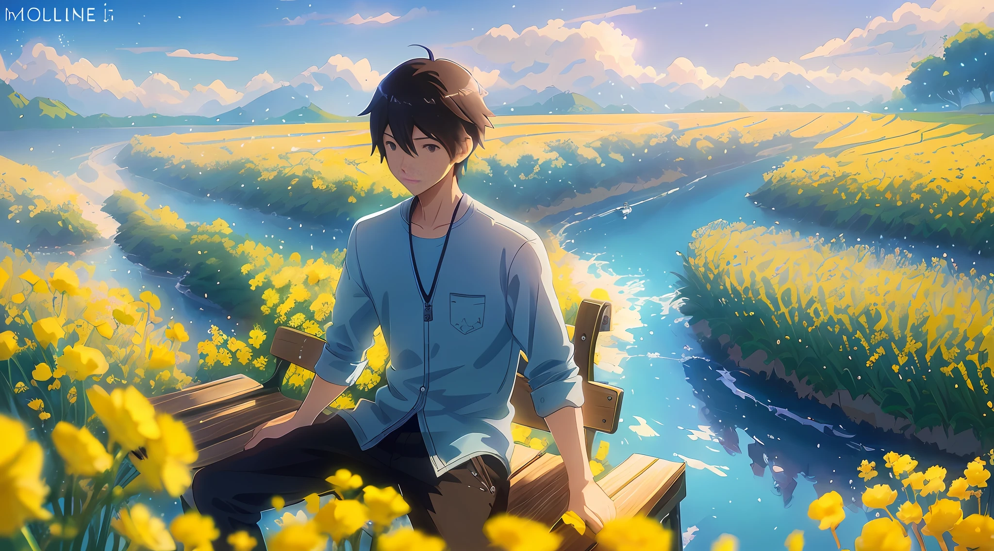 Anime boy sitting on bench looking at rape flower field, Makoto Shinkai ...