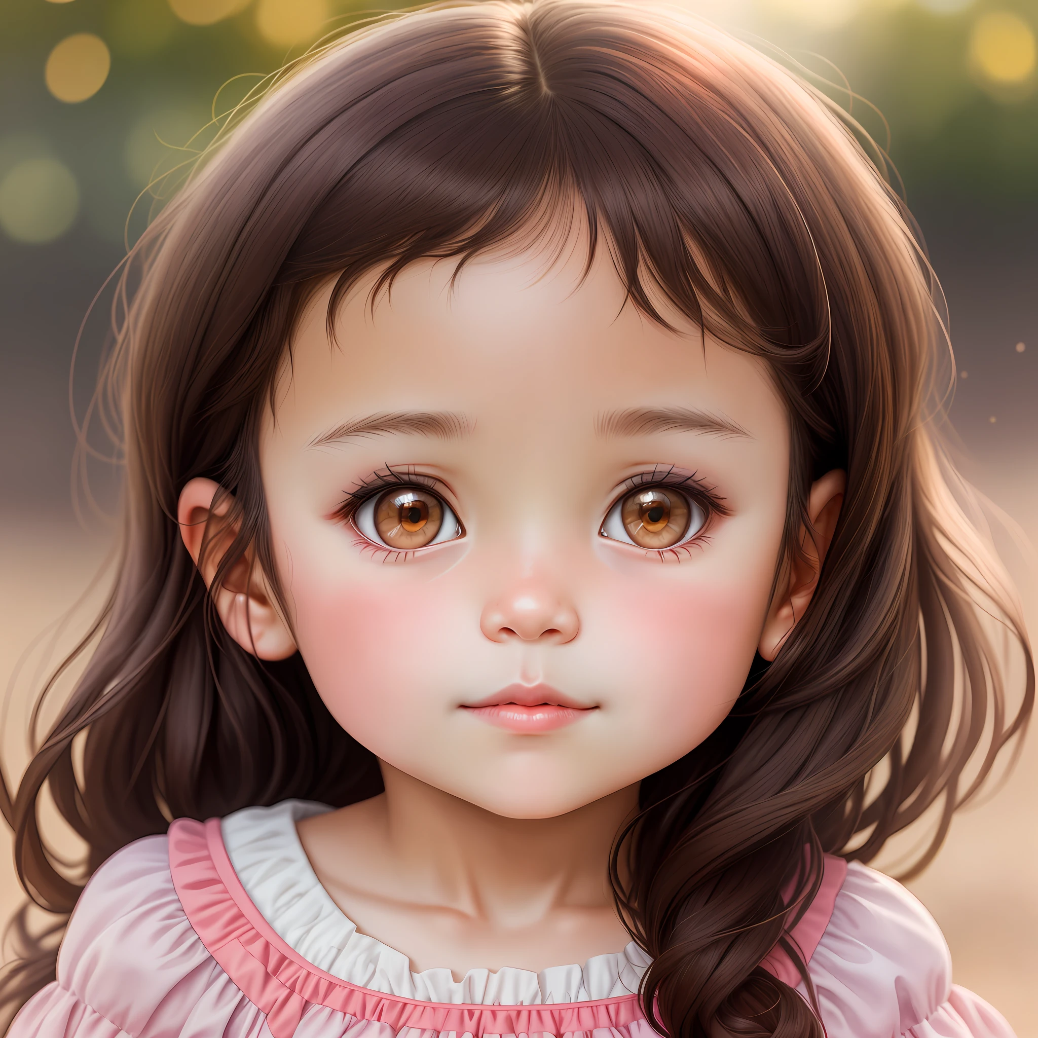 Portrait of a cute (Dicuki:1.1), Girl 5-, dark brown hair shining red in the sun, large dark brown eyes with yellowness, plump lips bow, pink dress, realism, watercolor, 4K, High detail