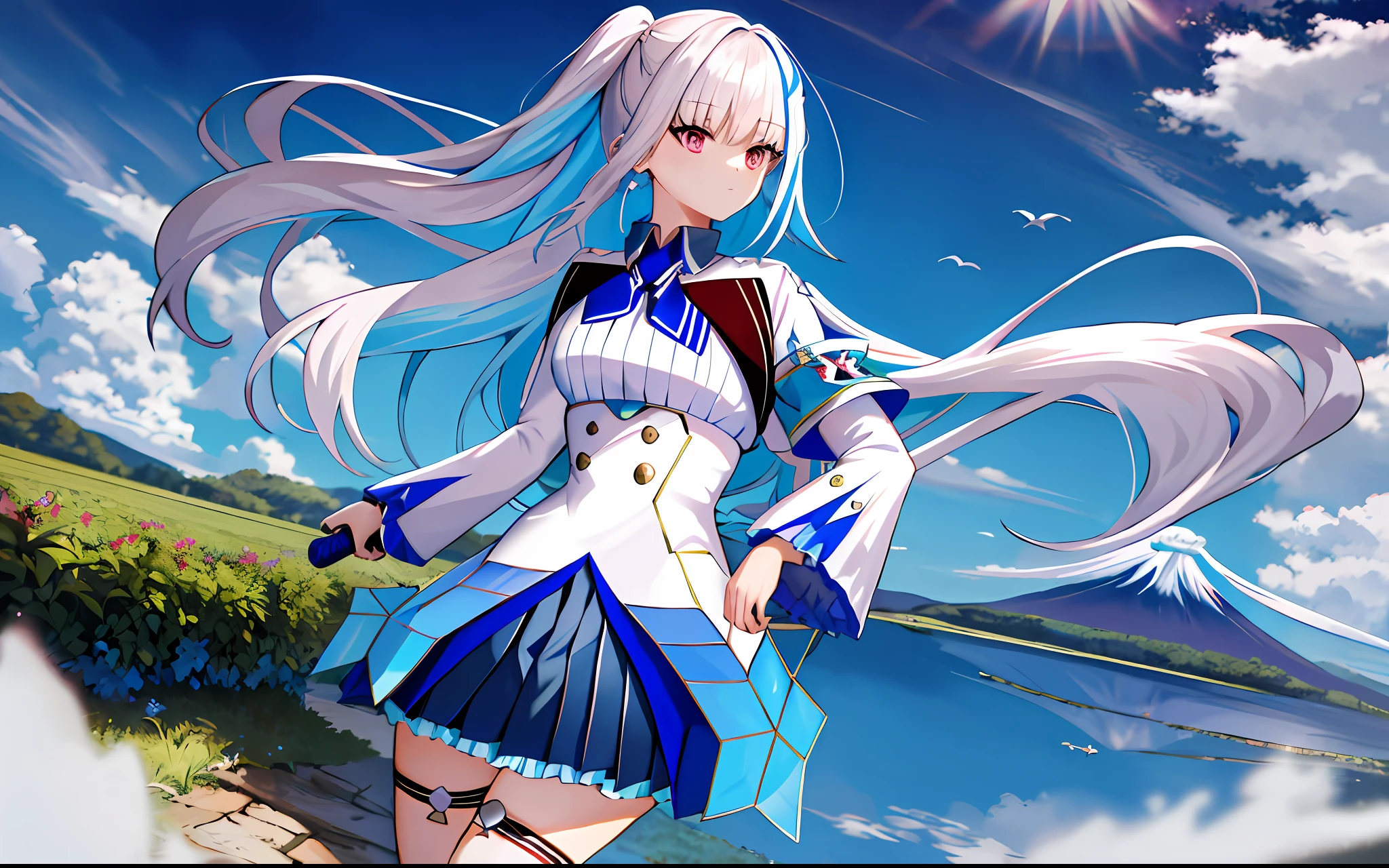 masterpiece, highest quality, high resolution, LH1, hair onum net, thighs, long hair, long sleeves, pleated skirt, blue thighs, armbands, ruffled skirts, uniforms, white shirts, blue skirts, light blue cardigan, chick on the shoulders, holding a big sword, mt. fuji, tea plantation,